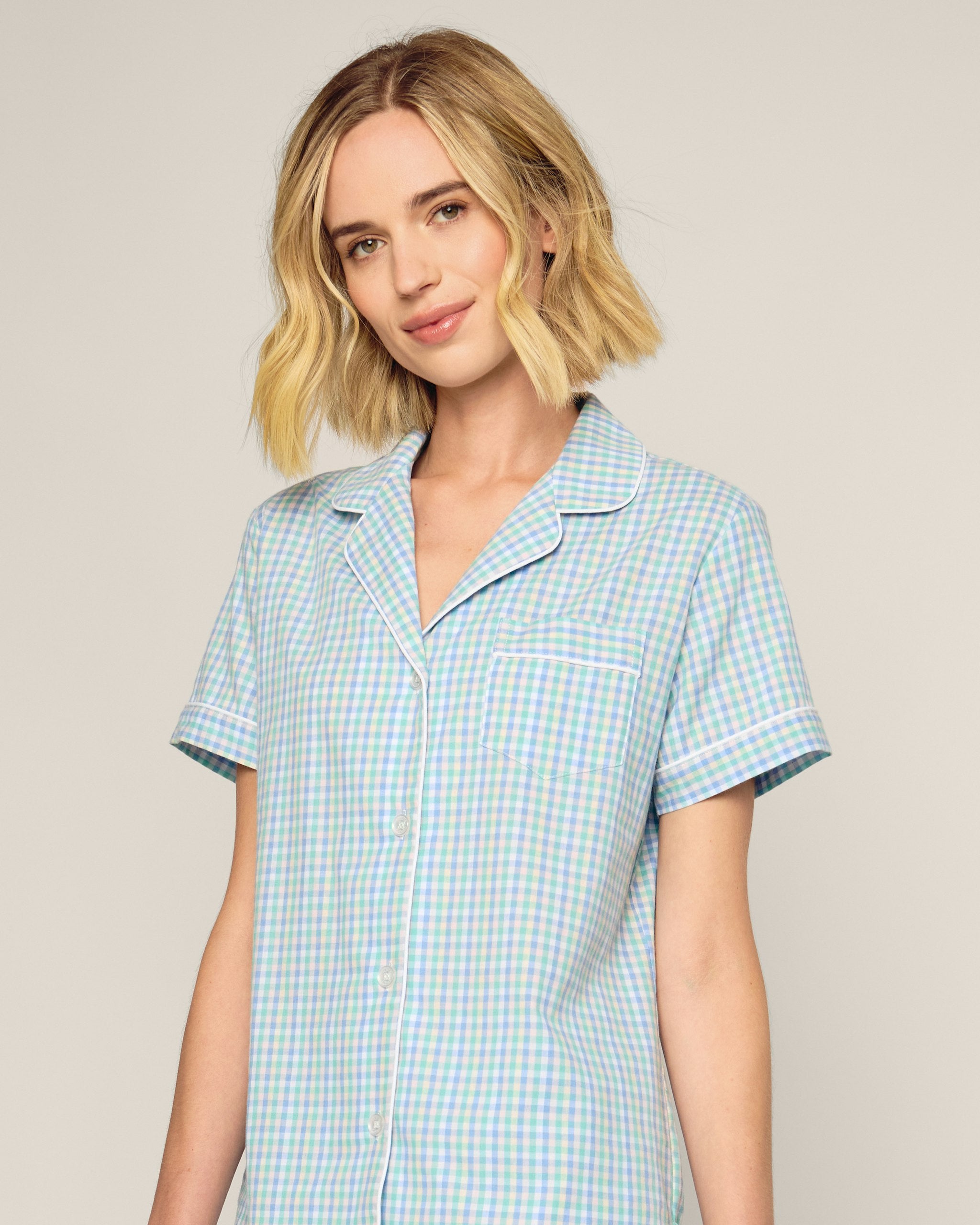 Women's Twill Short Sleeve Short Set in Pink Gingham in Spring Gingham#Color_Spring Gingham