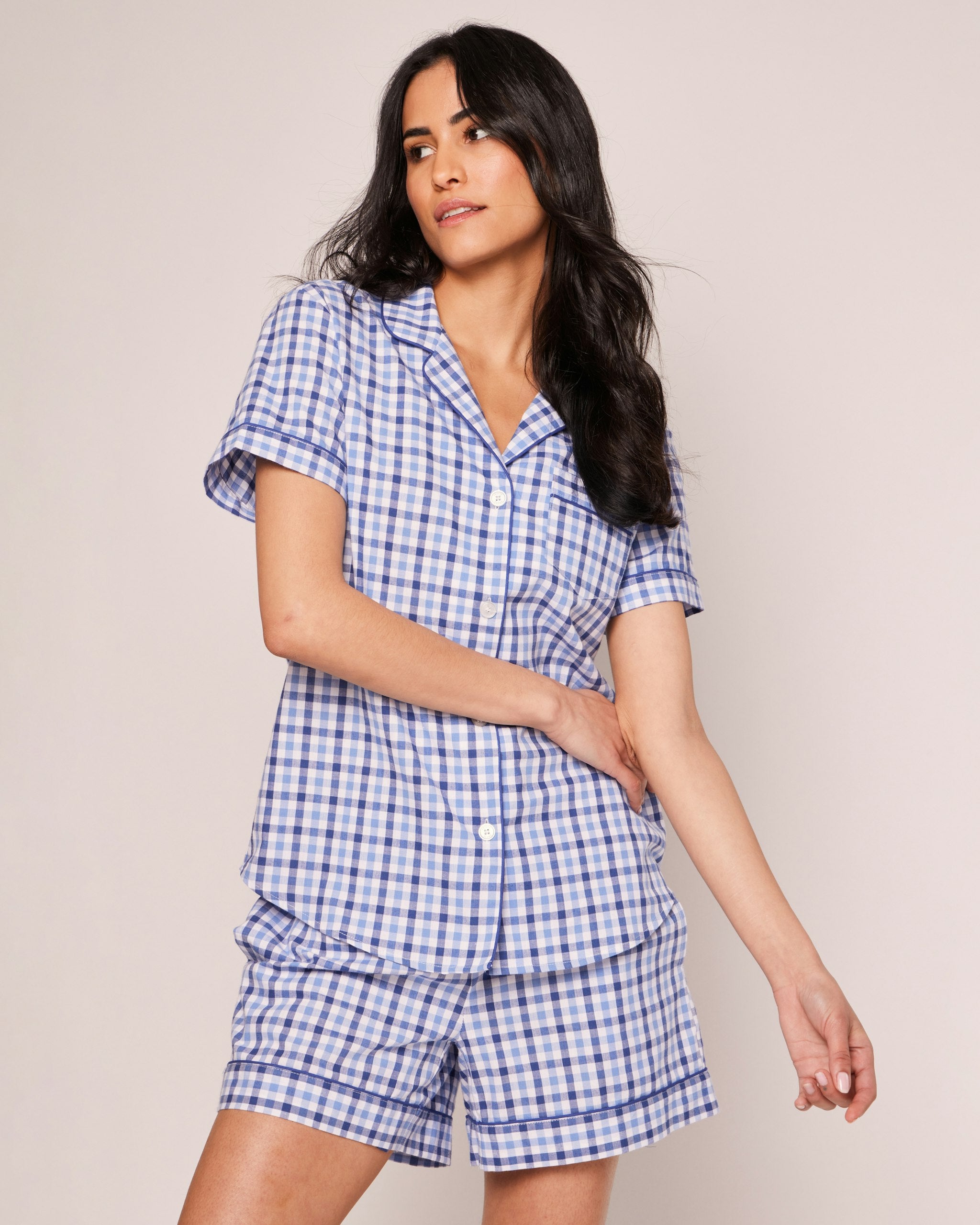 Women's Twill Short Sleeve Short Set in Pink Gingham in Royal Blue Gingham#Color_Royal Blue Gingham