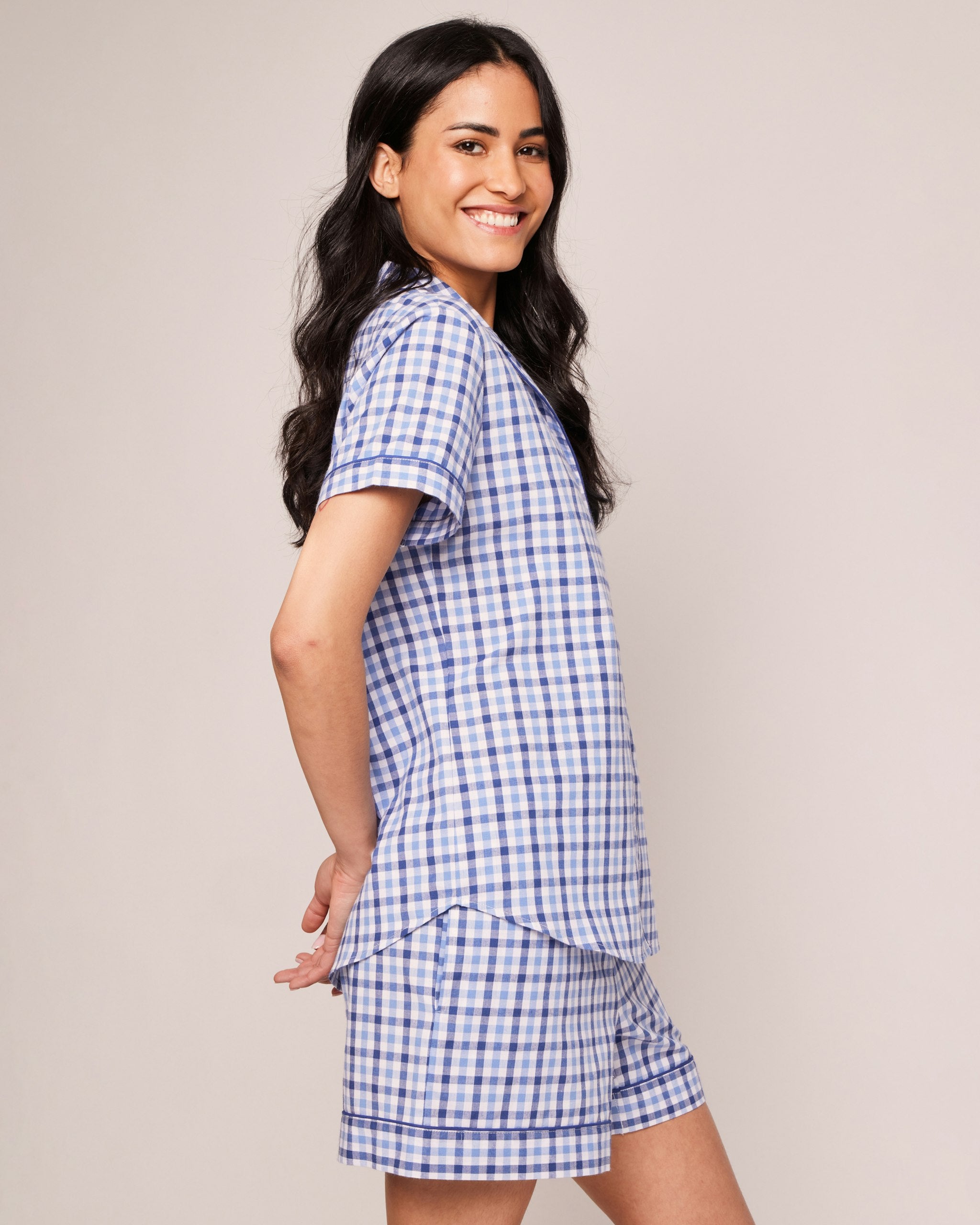 Women's Twill Short Sleeve Short Set in Pink Gingham in Royal Blue Gingham#Color_Royal Blue Gingham