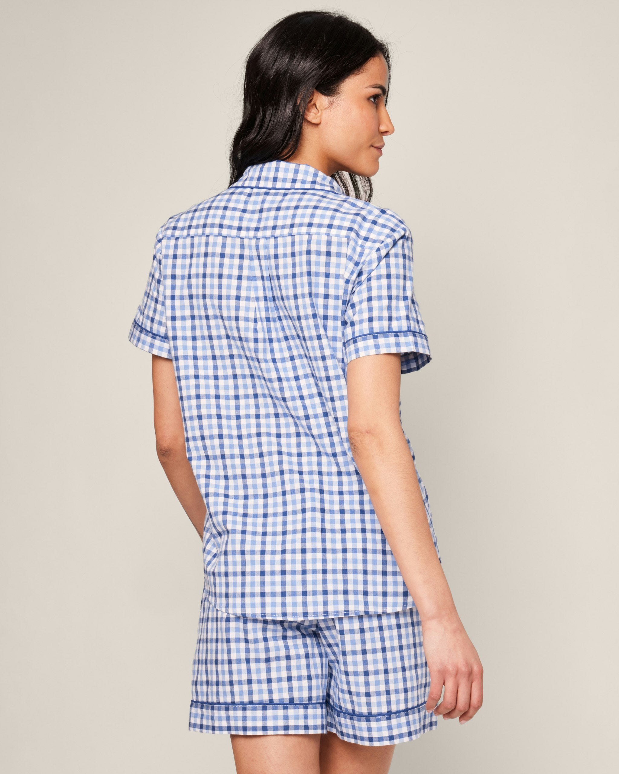 Women's Twill Short Sleeve Short Set in Pink Gingham in Royal Blue Gingham#Color_Royal Blue Gingham