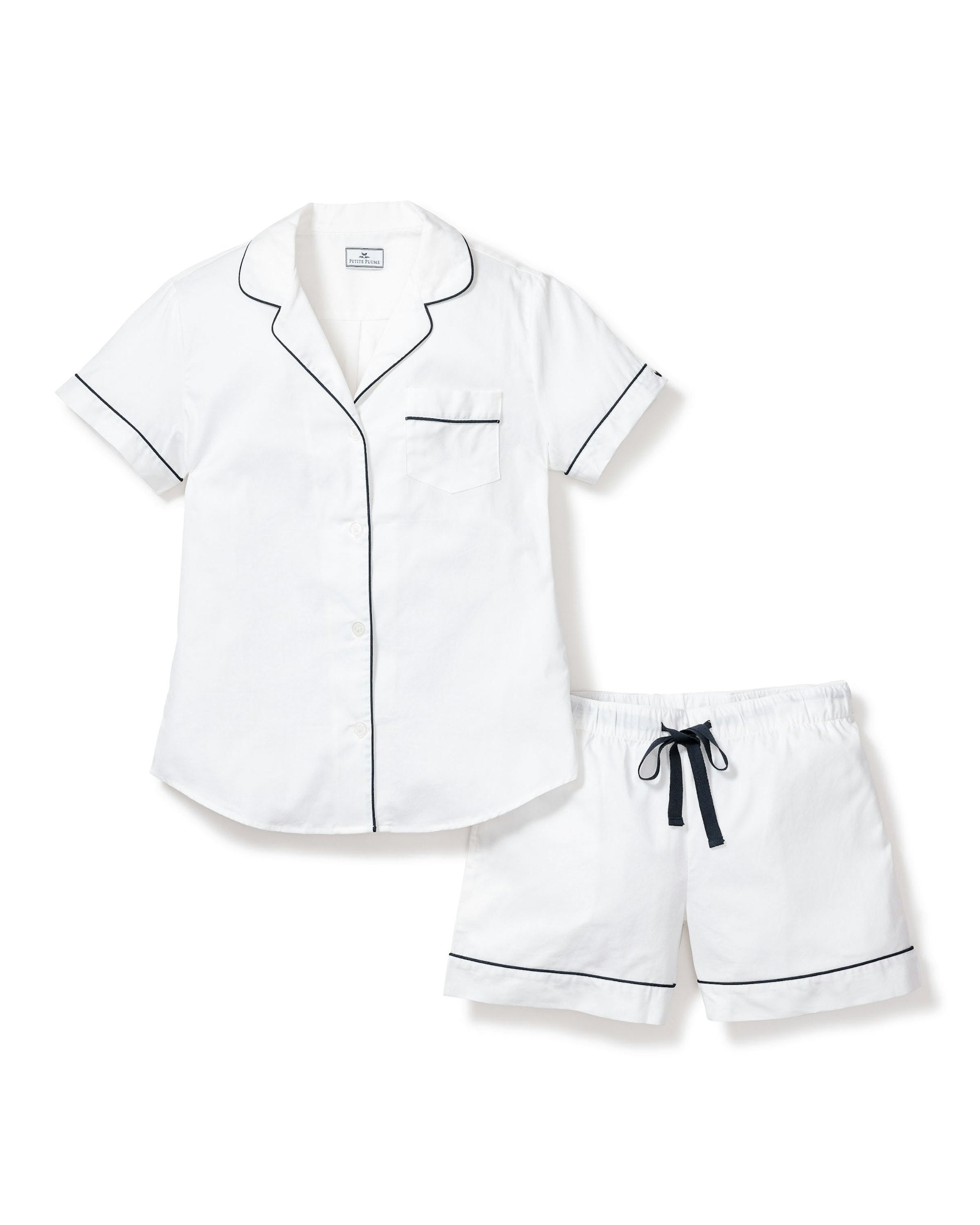 Women's Twill Pajama Short Set in White With Navy Piping in White with Navy Piping#Colorway_White with Navy Piping