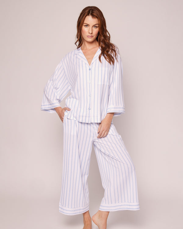 The Olivia Wide Leg Pima Pajama Set in Periwinkle Stripe