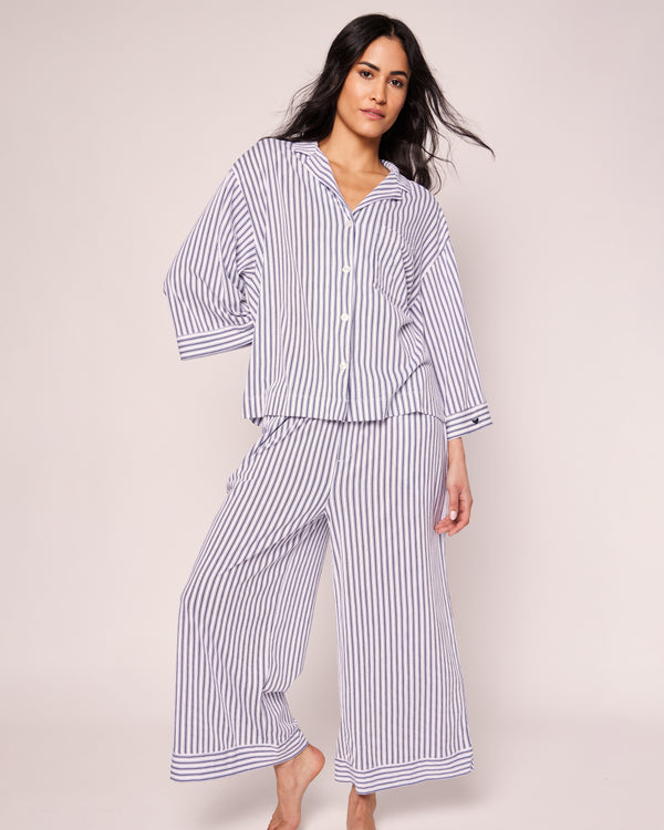 The Olivia Wide Leg Pima Pajama Set in Navy French Ticking