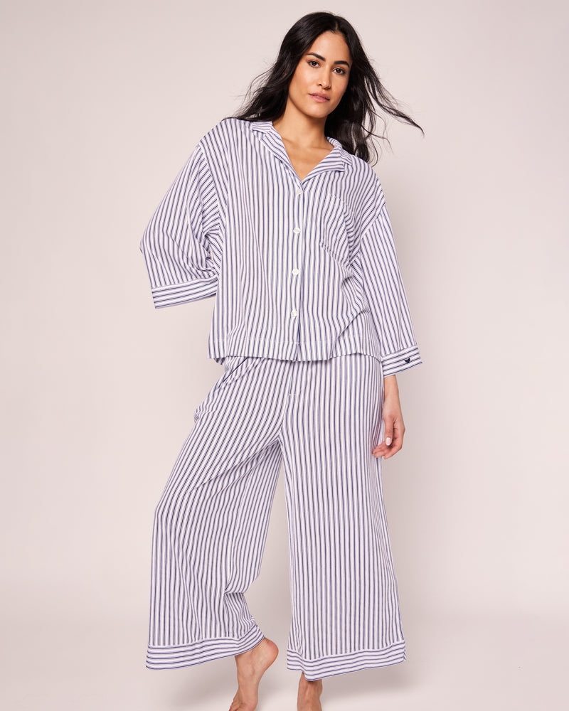The Olivia Wide Leg Pima Pajama Set in Navy French Ticking