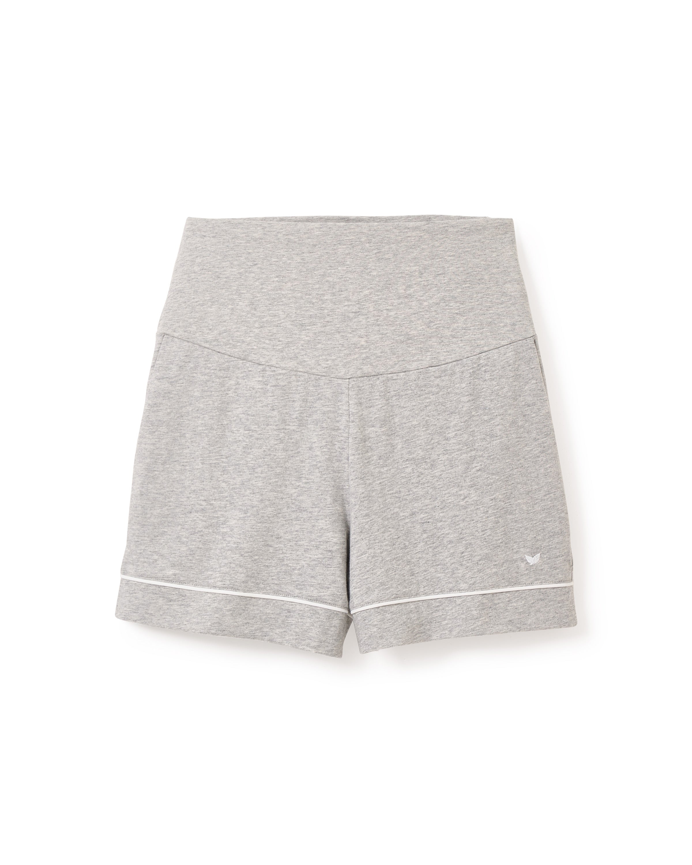 Petite Plumes Womens Pima Maternity Shorts in Light Heather Grey feature an over-the-belly, wide waistband and white hem trim. Soft and comfy for pregnancy or exercise, theyre shown flat on a white background.
