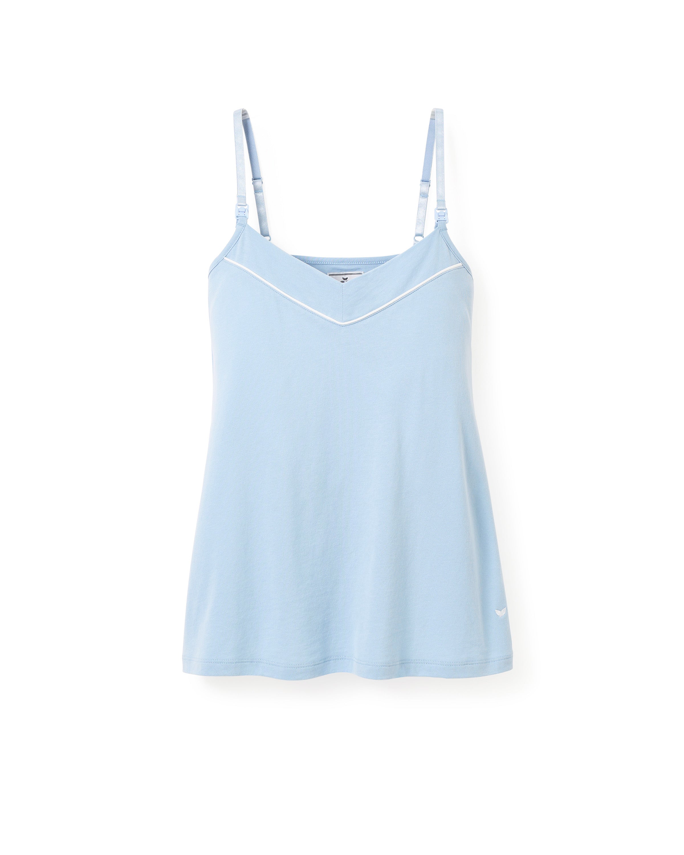 The Womens Pima Maternity Camisole in Periwinkle by Petite Plume features thin adjustable straps, a white-trimmed neckline, and a convenient clipdown nursing function, showcased on a white background.