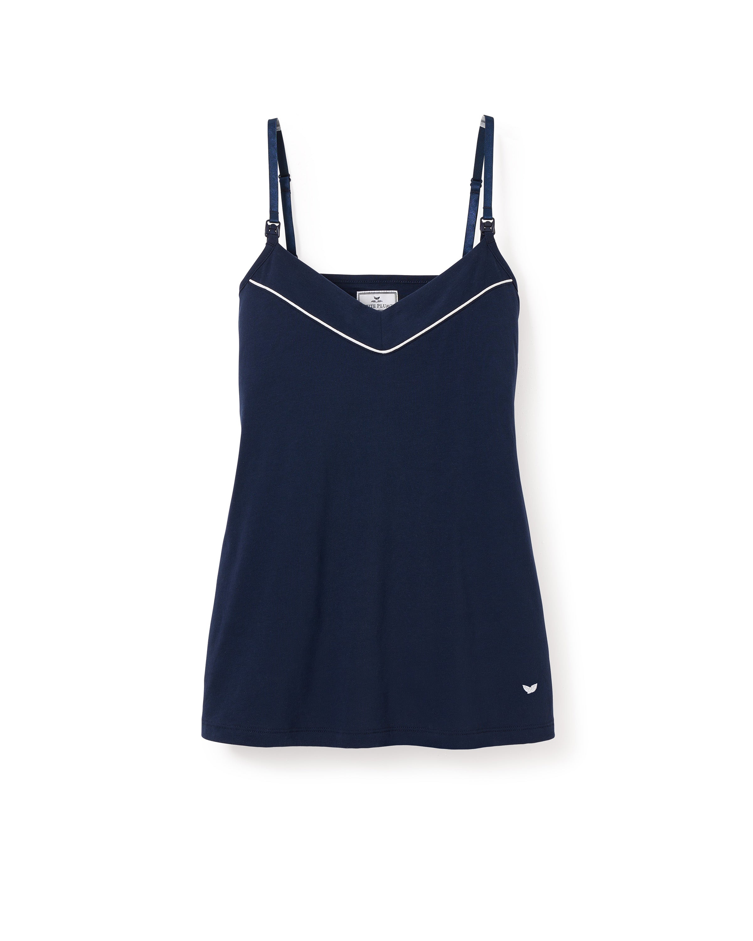The Womens Pima Maternity Camisole in Navy by Petite Plume is sleeveless with thin adjustable straps, a V-neckline, subtle white trim, a small logo on the hem, and a convenient clipdown nursing function. The background is plain white.