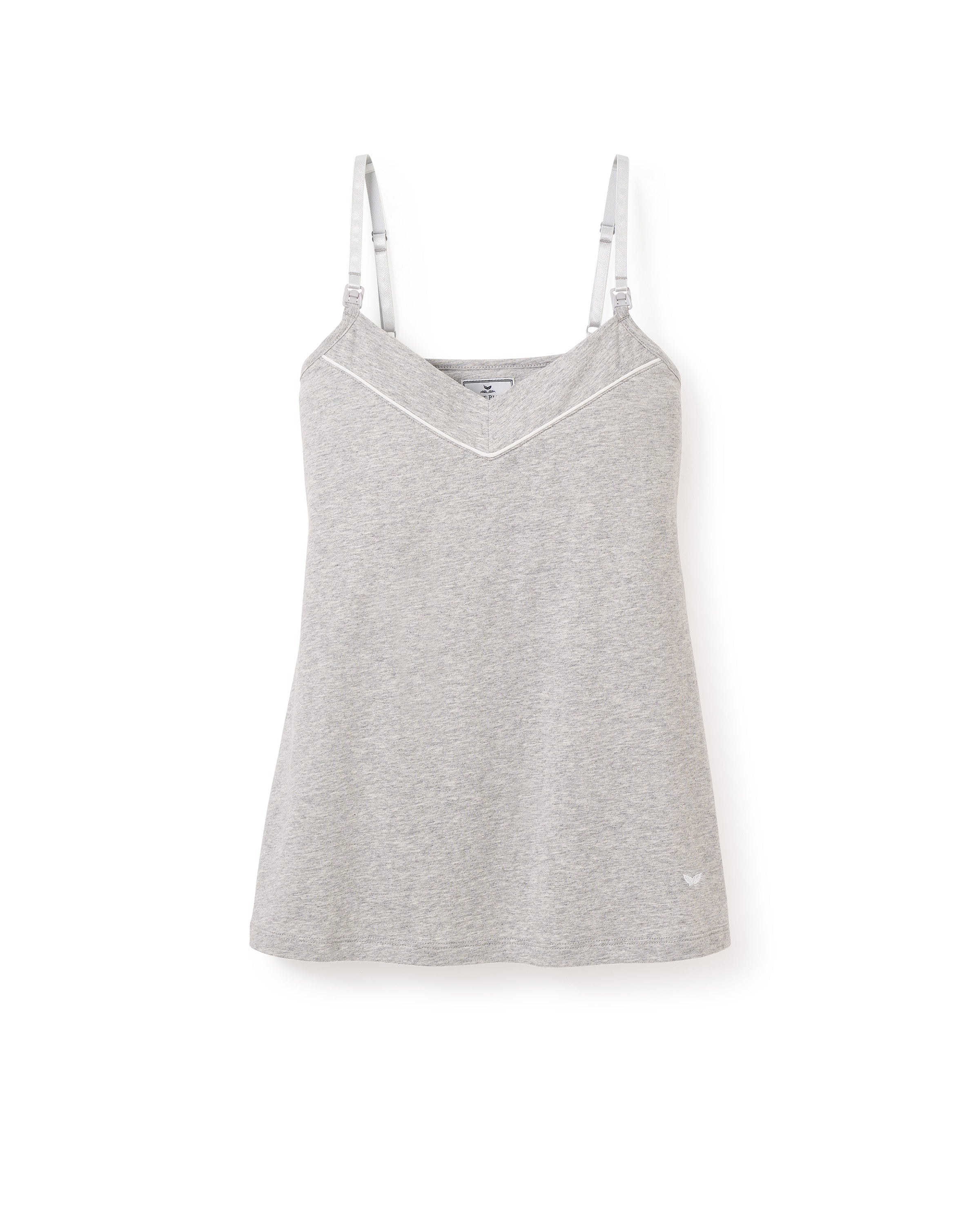 The Petite Plume Womens Pima Maternity Camisole in Light Heather Grey has adjustable spaghetti straps, a subtle V-neckline, an embroidered logo near the hem, and a soft heathered texture with a clipdown nursing function for easy breastfeeding.