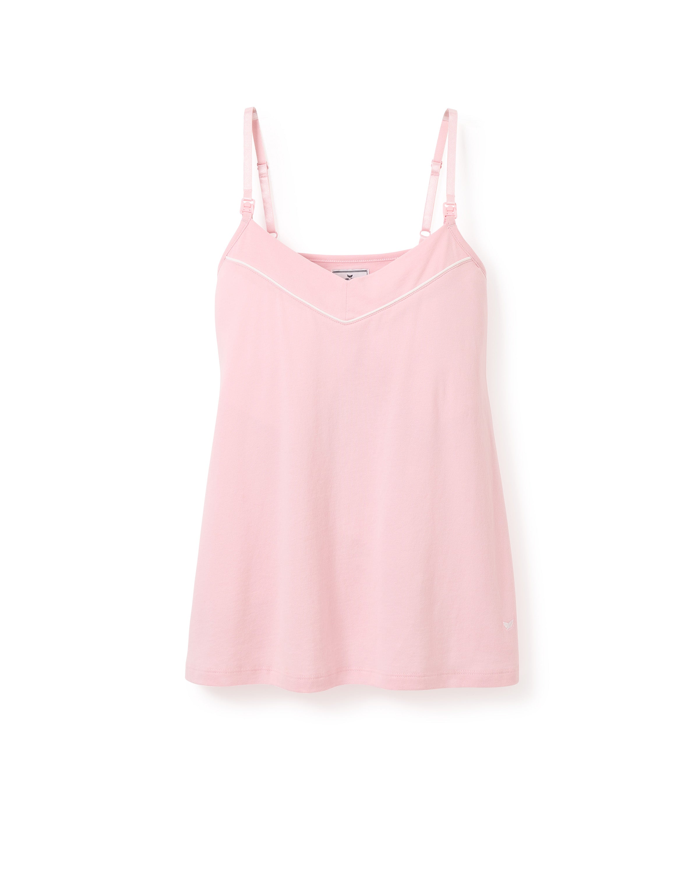 The Petite Plume Womens Pima Maternity Camisole in Pink features thin adjustable straps and white neckline trim. It has a soft, comfortable fabric with a clipdown nursing function and is displayed against a plain white background.