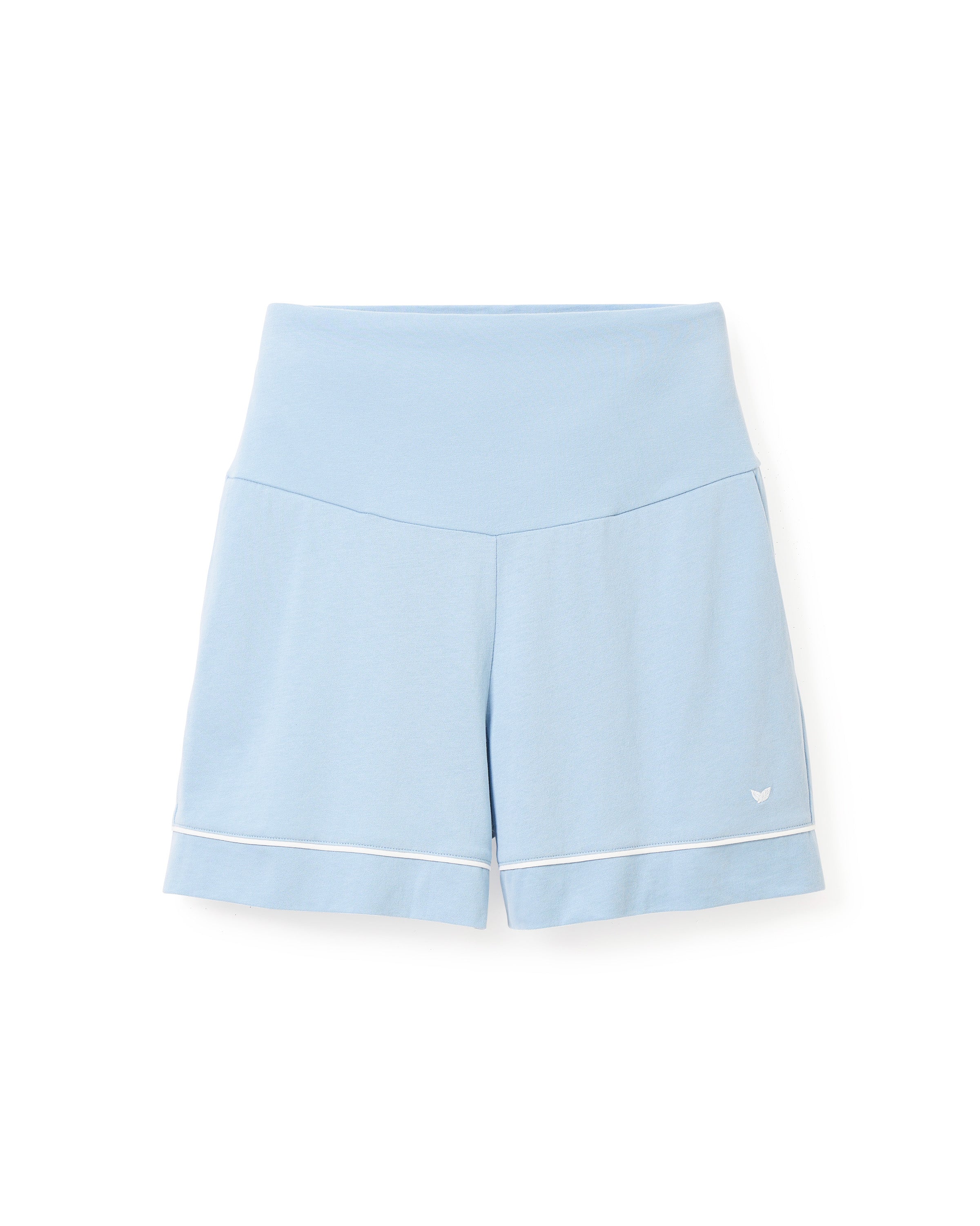 Petite Plumes Womens Pima Maternity Shorts in Periwinkle are light blue, high-waisted with a wide waistband and white trim. Designed for comfort during your pregnancy, they feature a small white logo on the lower left leg.