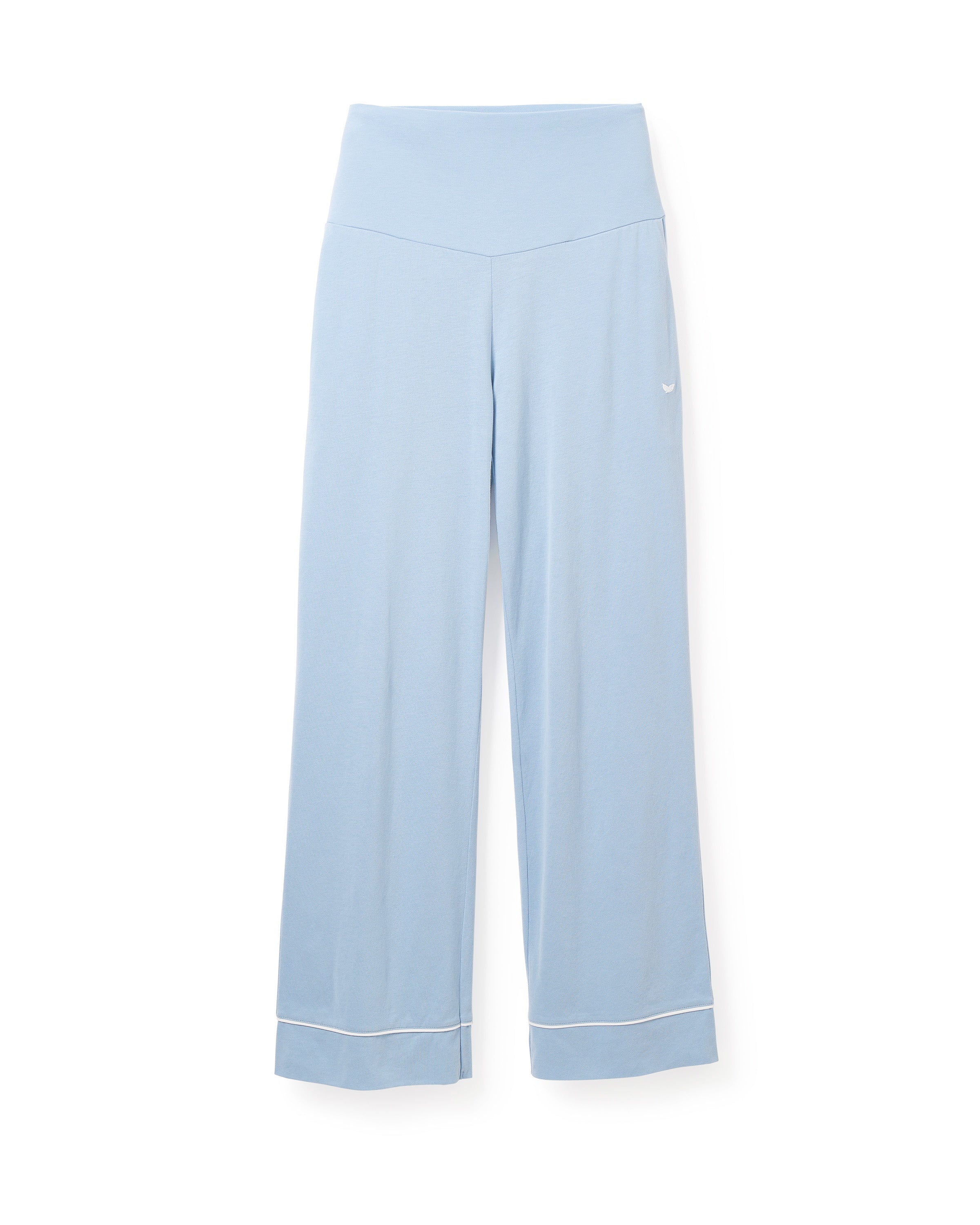 Petite Plumes Womens Pima Maternity Pants in Periwinkle are high-waisted with wide legs, soft Pima cotton, white trim, a subtle logo near the waistband, and an over-the-belly support band for a smooth fit perfect for casual or athletic wear.