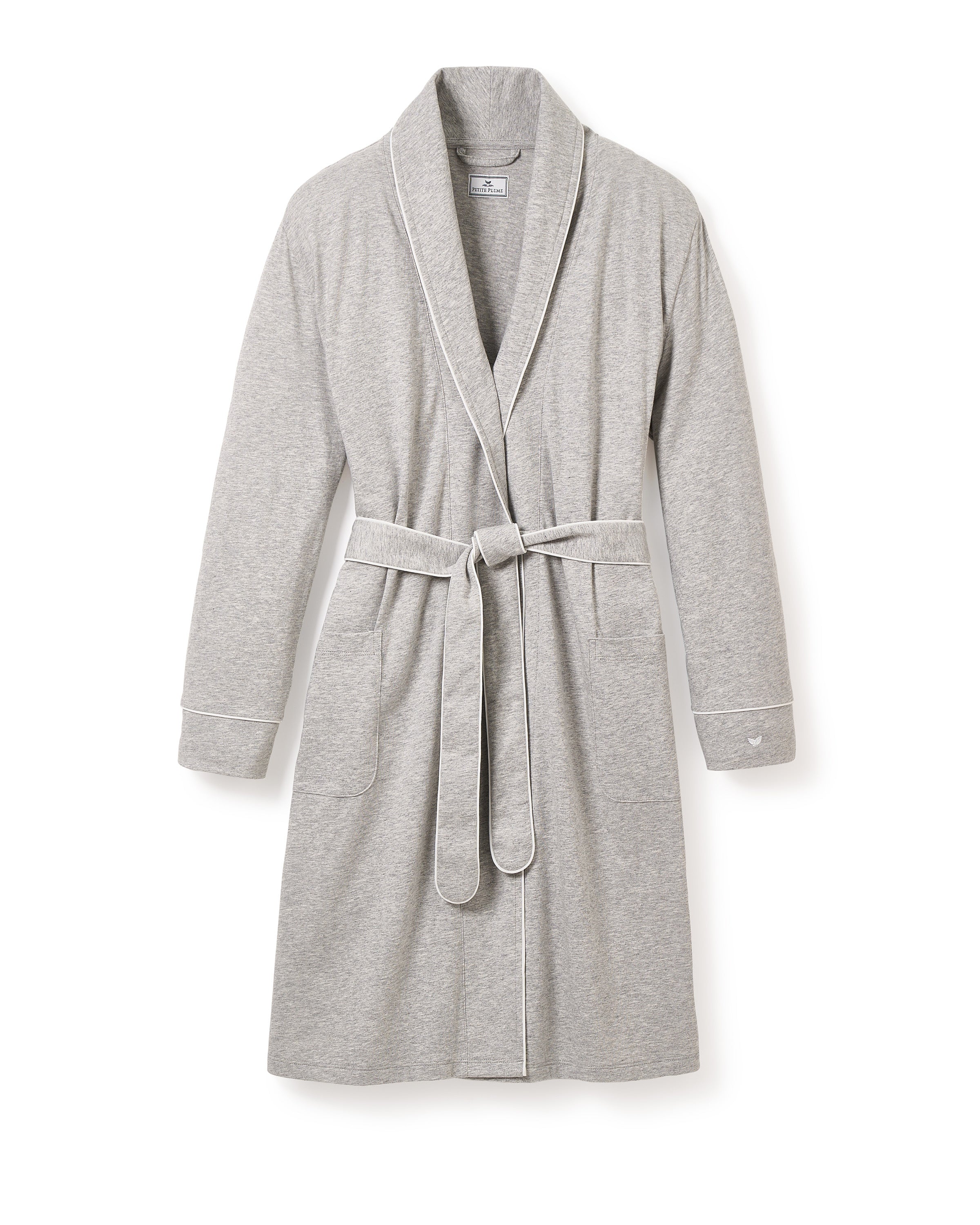 The Womens Pima Robe in Light Heather Grey by Petite Plume is a long-sleeved piece made from Peruvian Pima cotton featuring a shawl collar, matching belt, white piping, and two front pockets, showcased on a white background.