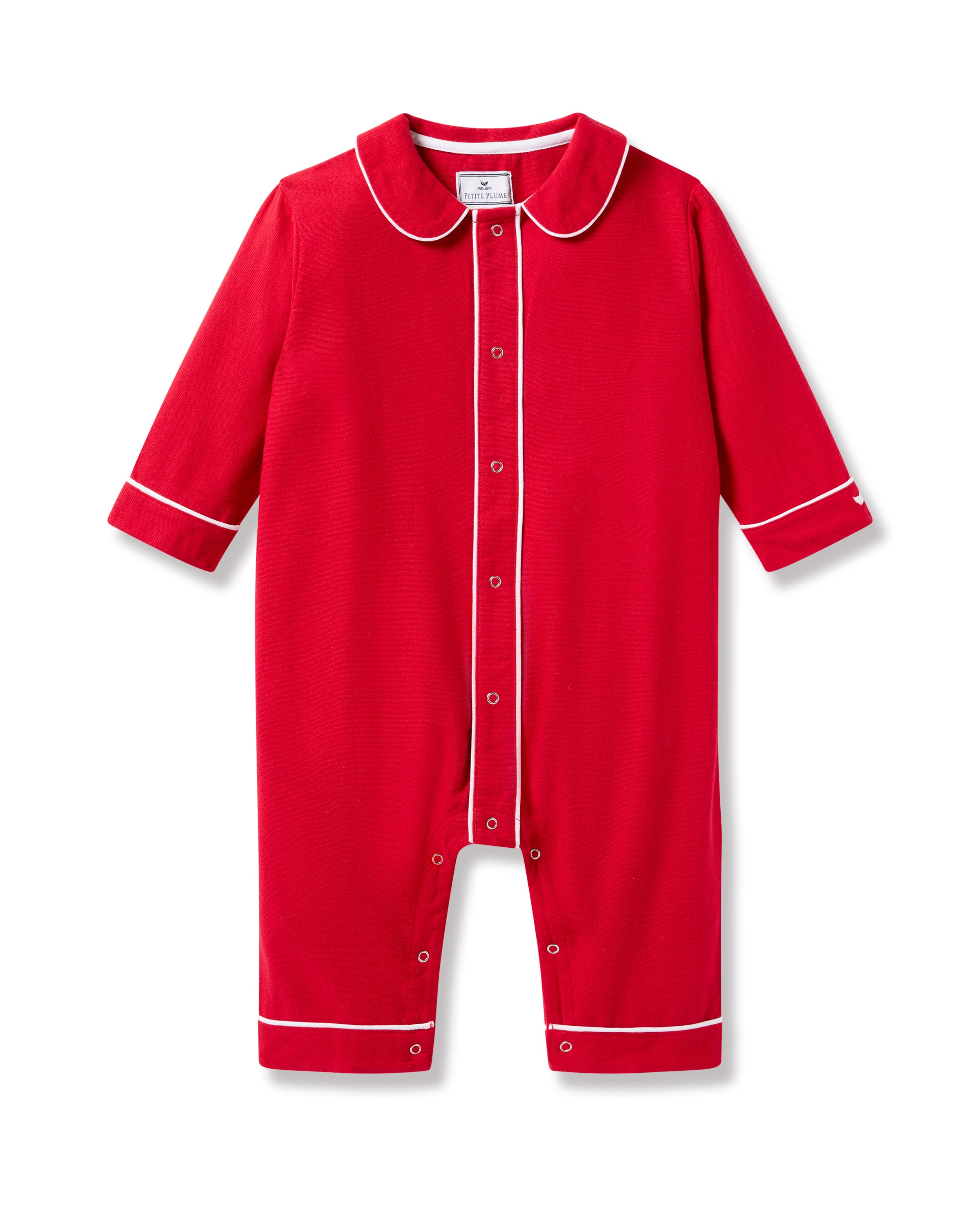 The Petite Plume Babys Flannel Cambridge Romper & Cashmere Blanket Gift Set features a charming red romper with white piping on the collar, cuffs, and button placket. Designed with long sleeves and full-length legs, its a perfect addition to any cozy gift set and is displayed on a plain white background.
