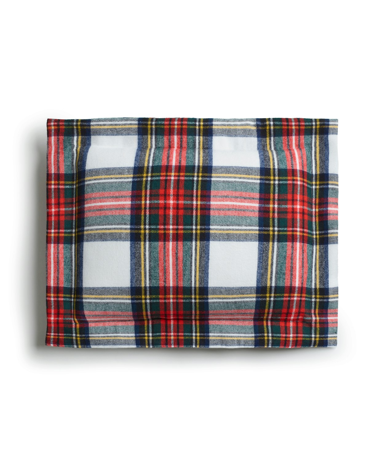 The Flannel Decorative Pillow in Balmoral Tartan by Petite Plume showcases classic red, blue, yellow, and white plaid with varying stripe thicknesses, offering a festive touch to any space.