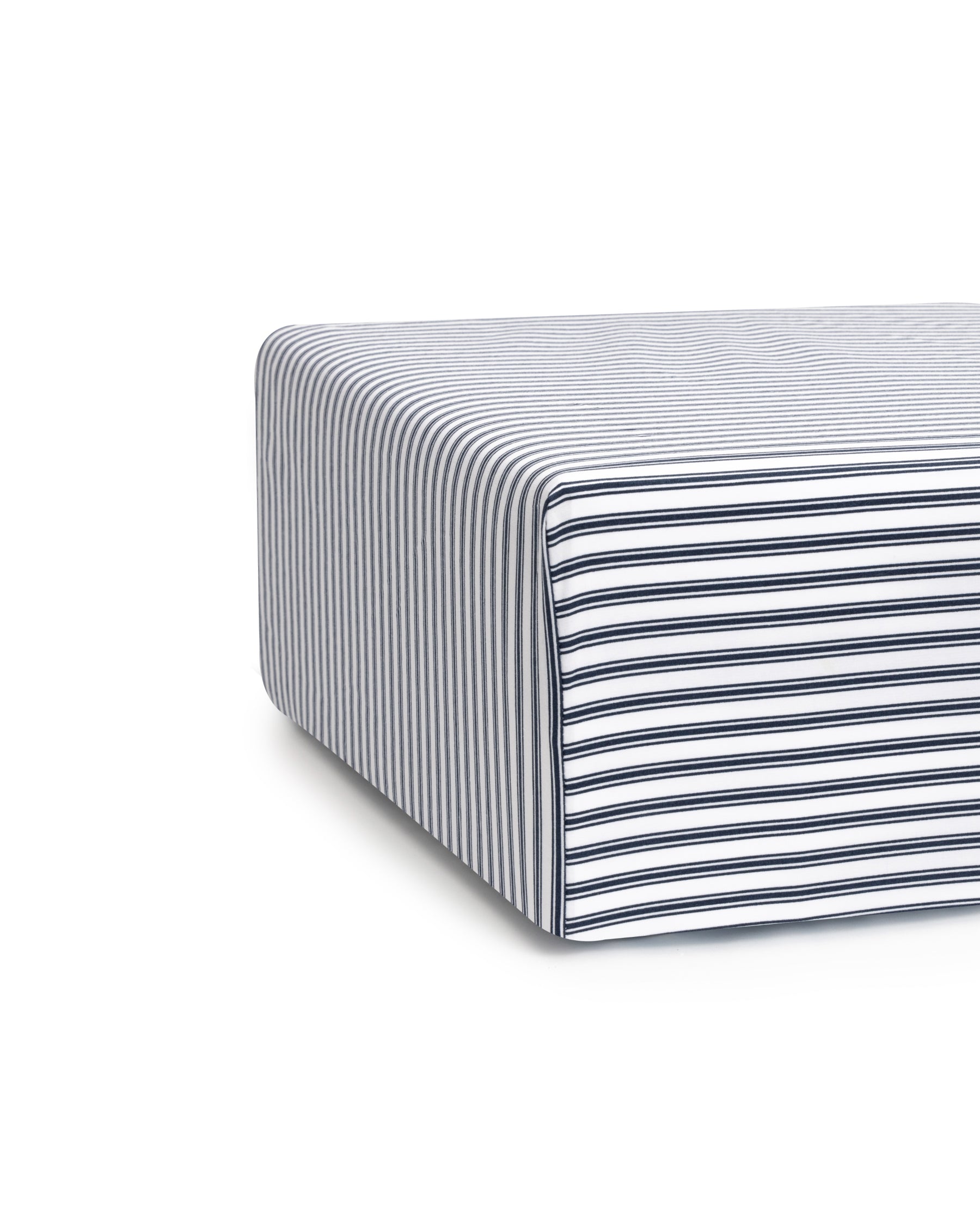 The Luxe Premium Cotton Crib Sheet by Petite Plume features a light gray cover with navy stripes in a French ticking pattern, running vertically on the sides and horizontally on top, crafted from breathable cotton percale for a clean, modern look.