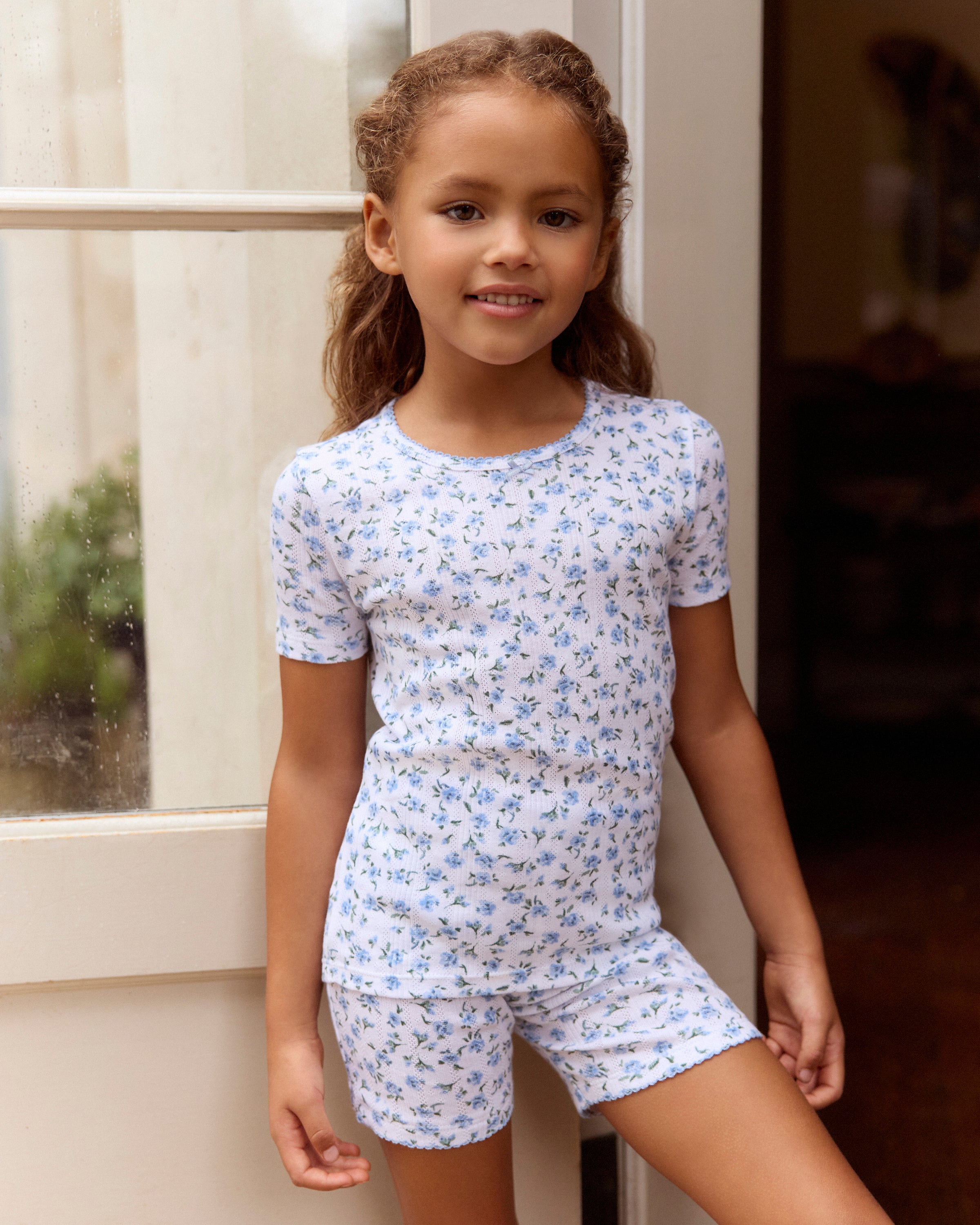 Kid's Pointelle Snug Fit Pajama Short Set in Blue Floral