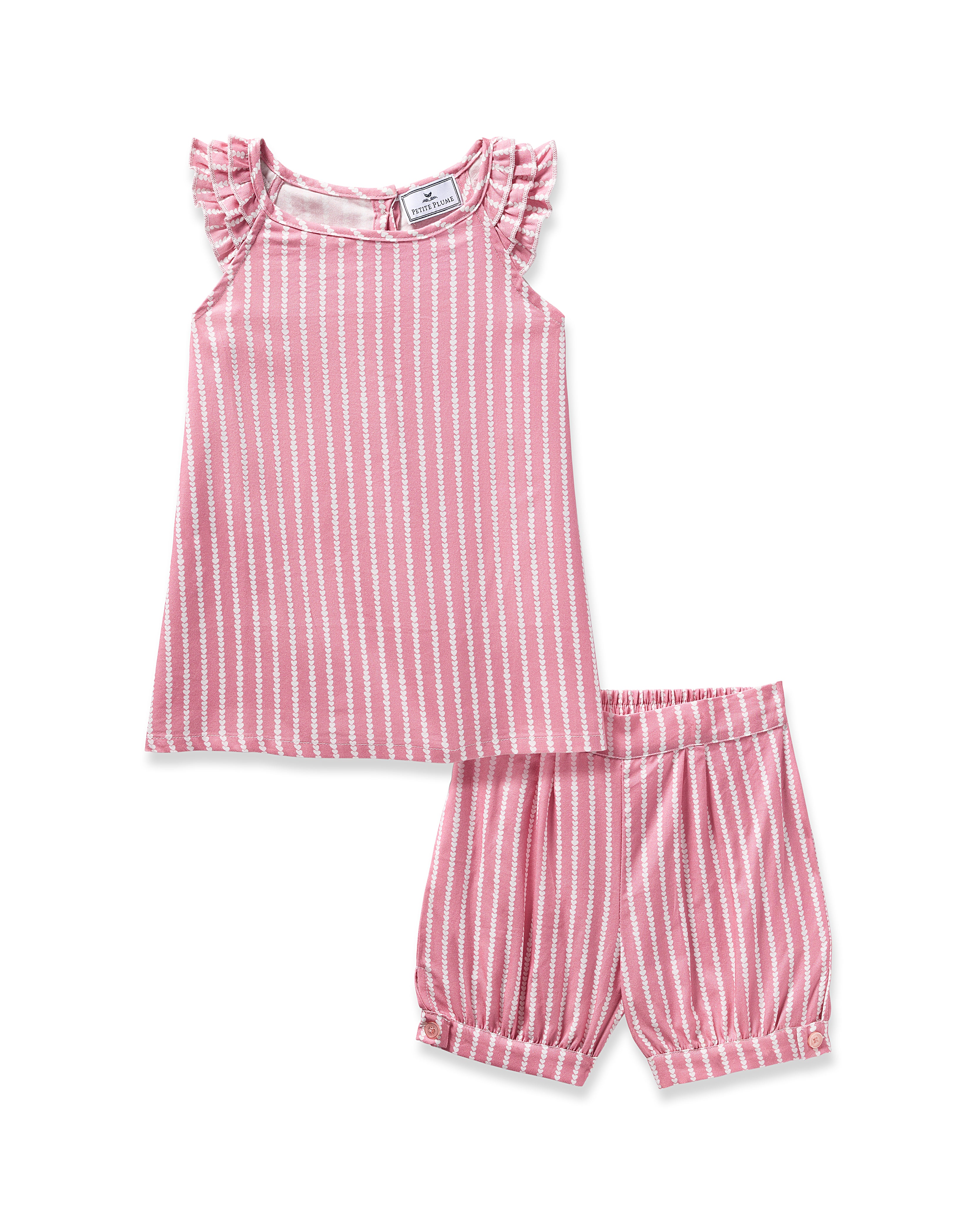 The Girls Twill Amelie Short Set in Love Lines by Petite Plume is a pink and white striped sleeveless top with ruffled shoulders and matching shorts, crafted from cozy cotton sleepwear material with an elastic waistband and leg hems for comfort.