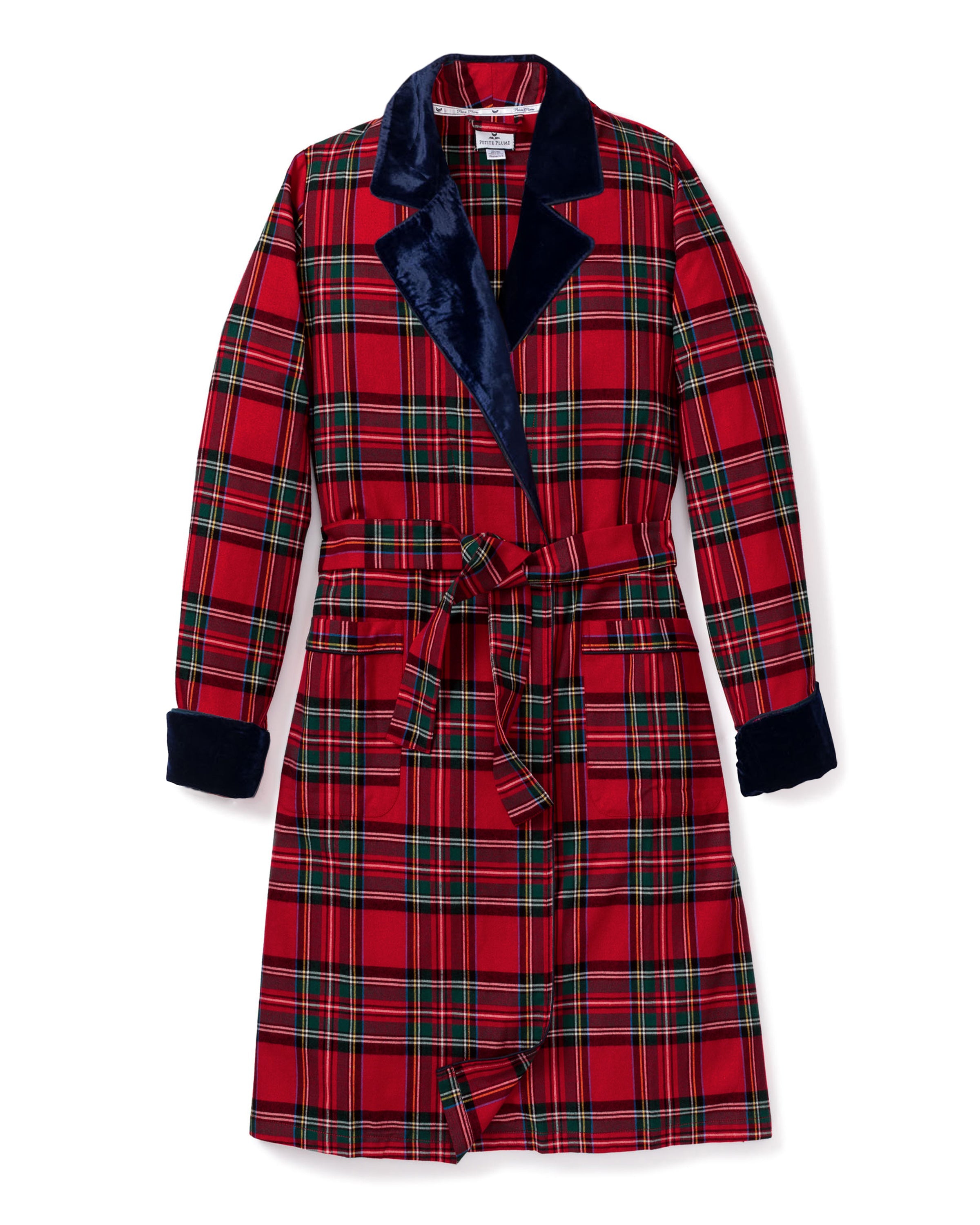 The Women's Long Robe with Velvet Trim in Imperial Tartan features a red plaid pattern, navy blue velvet collar and cuffs, matching belt, and two front pockets, displayed flat on a white background.