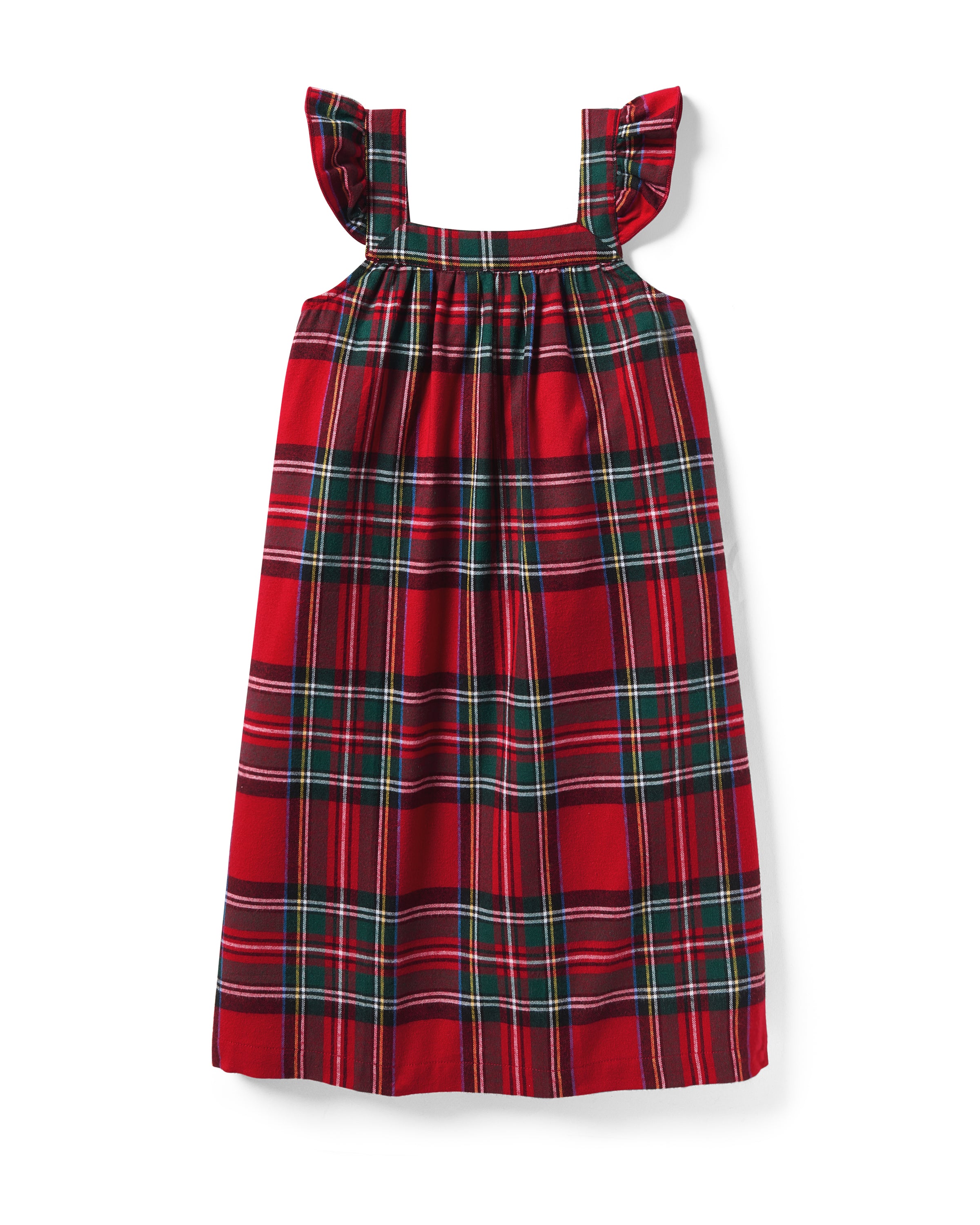 The Girl's Brushed Twill Clara Nightgown in Imperial Tartan is a sleeveless, knee-length nightgown with red, green, and white plaid, ruffled shoulder straps, and a gathered waist, shown against a white background.