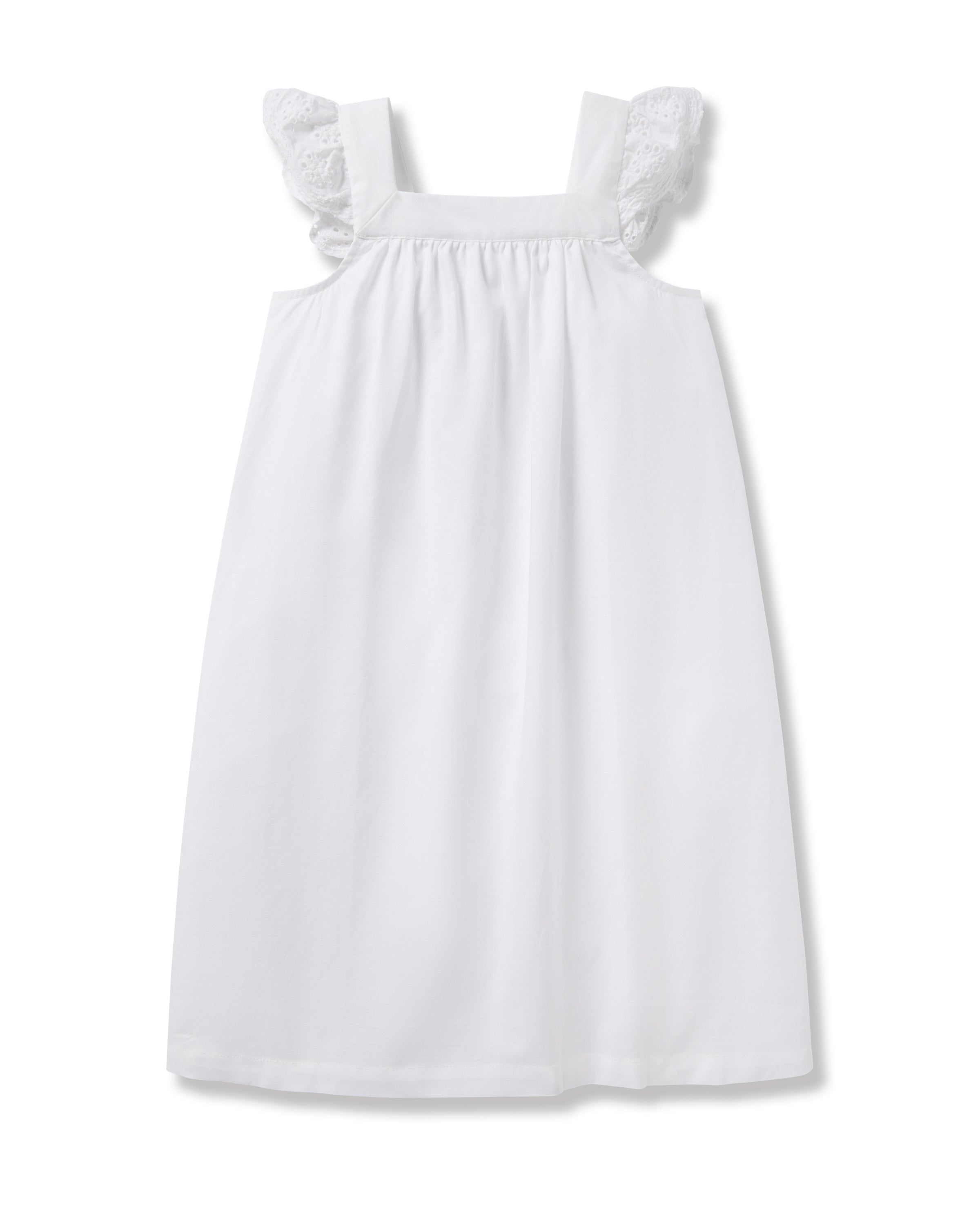 The Girls Twill Clara Nightgown in White by Petite Plume is a sleeveless dress with high-quality cotton, ruffled shoulder straps, and a straight silhouette, laid flat against a plain backdrop.