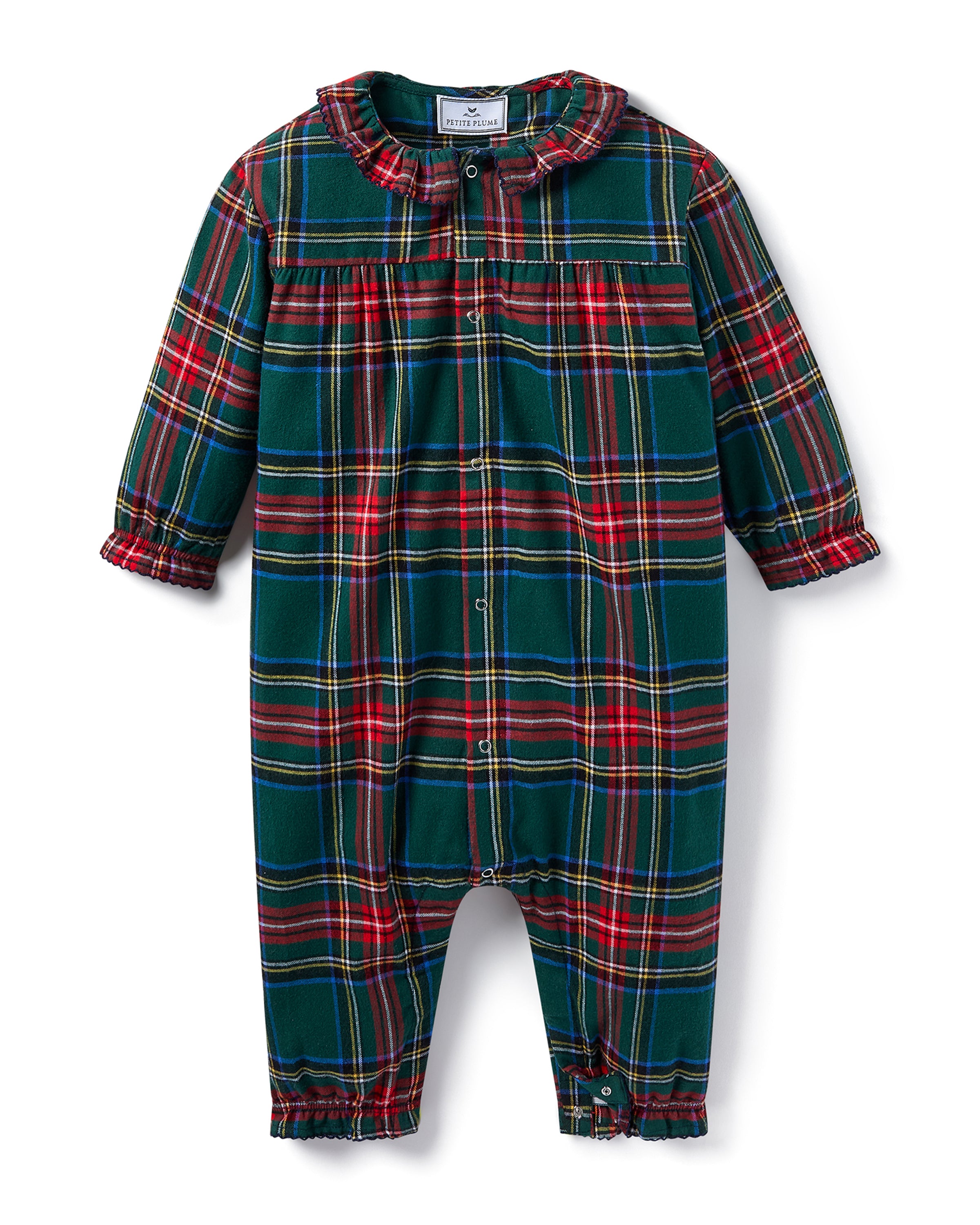 The Baby's Brushed Twill Madeline Romper in Kensington Tartan features a green, red, and yellow plaid print, ruffled collar, button front, and gathered cuffs at the wrists and ankles.