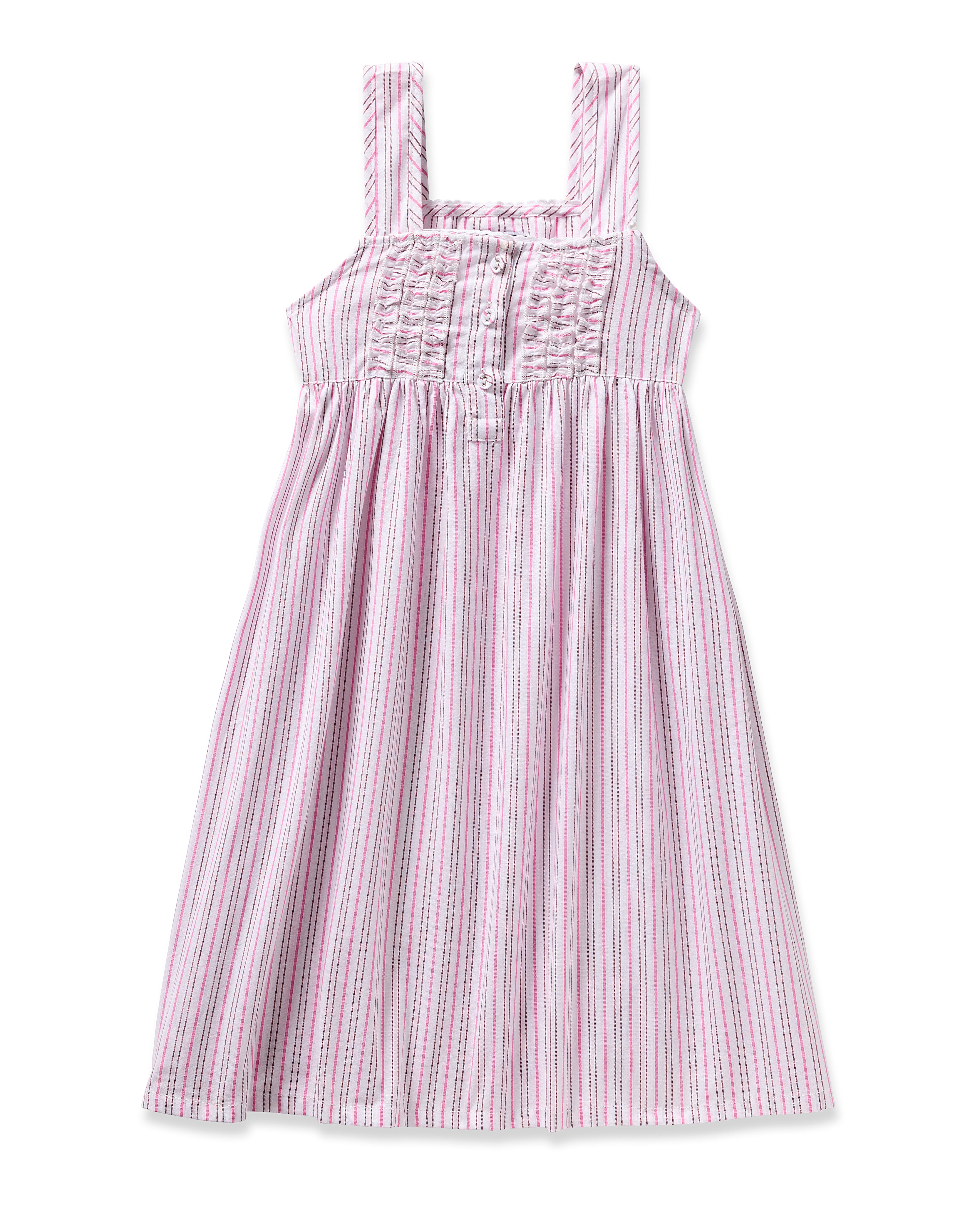 The Girls Twill Charlotte Nightgown in Blush Boulevard by Petite Plume is a sleeveless cotton sleepwear piece featuring pink and white vertical stripes, a button-down top, and gathered fabric details for a timeless touch.