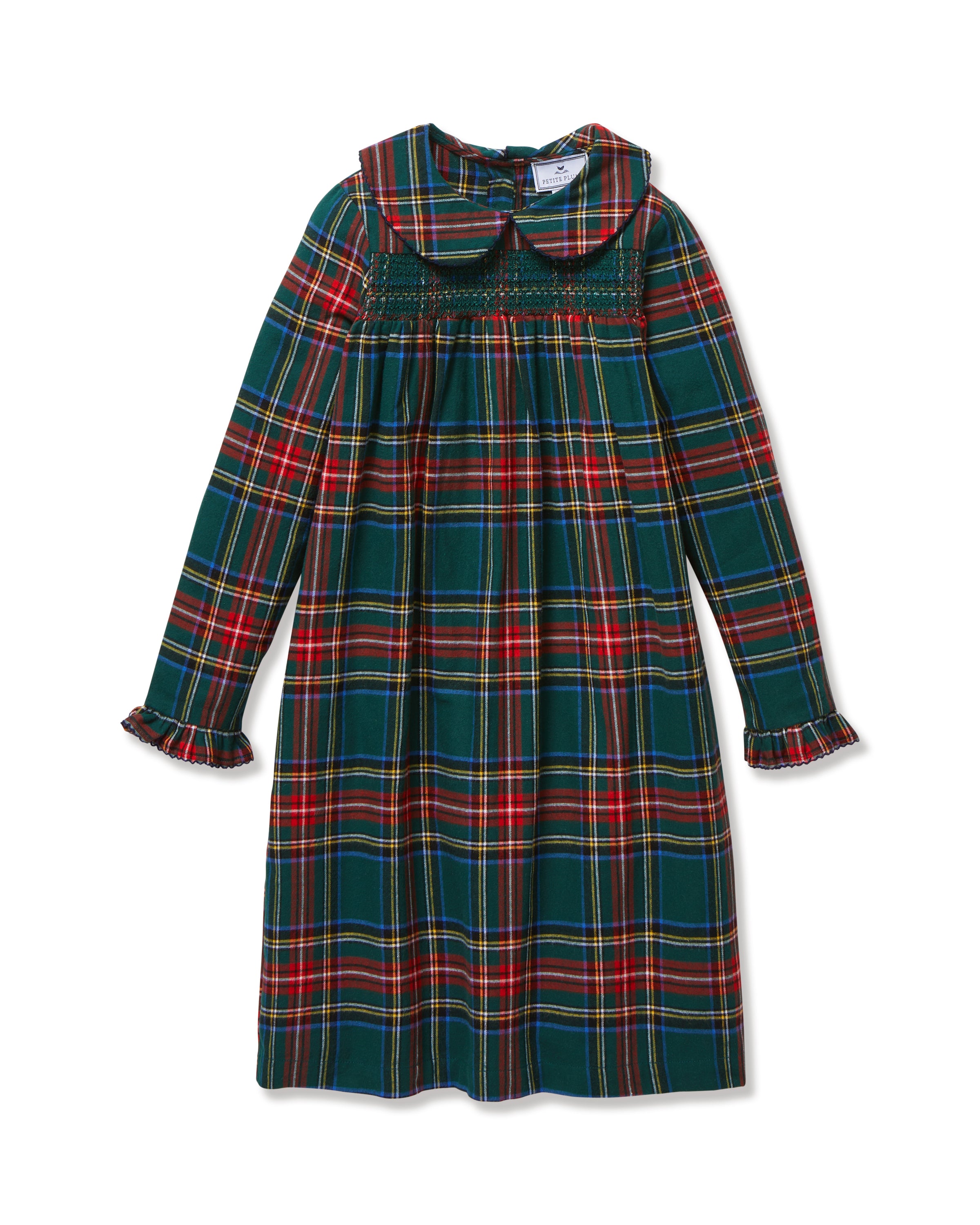 The Girl's Brushed Twill Eloise Nightgown in Kensington Tartan features a green, red, and yellow plaid pattern with long sleeves, a Peter Pan collar, smocked chest, and ruffled cuffs.