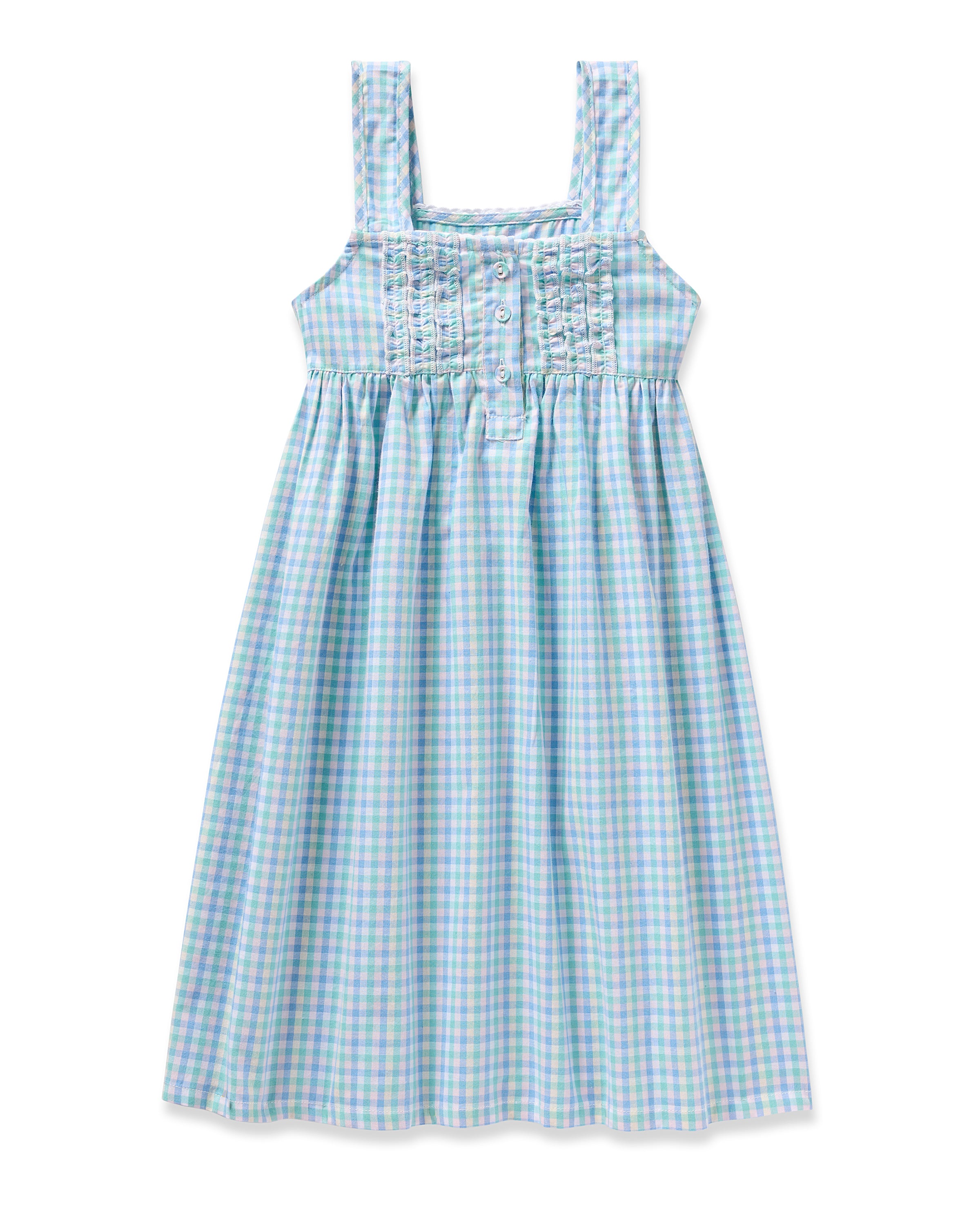 Introducing Petite Plumes Girls Twill Charlotte Nightgown in Spring Gingham. This sleeveless, knee-length dress features a square neckline, a blue and green checkered pattern, button details on the bodice, pleating, and a gathered skirt for style and comfort. Crafted from breathable fibers.