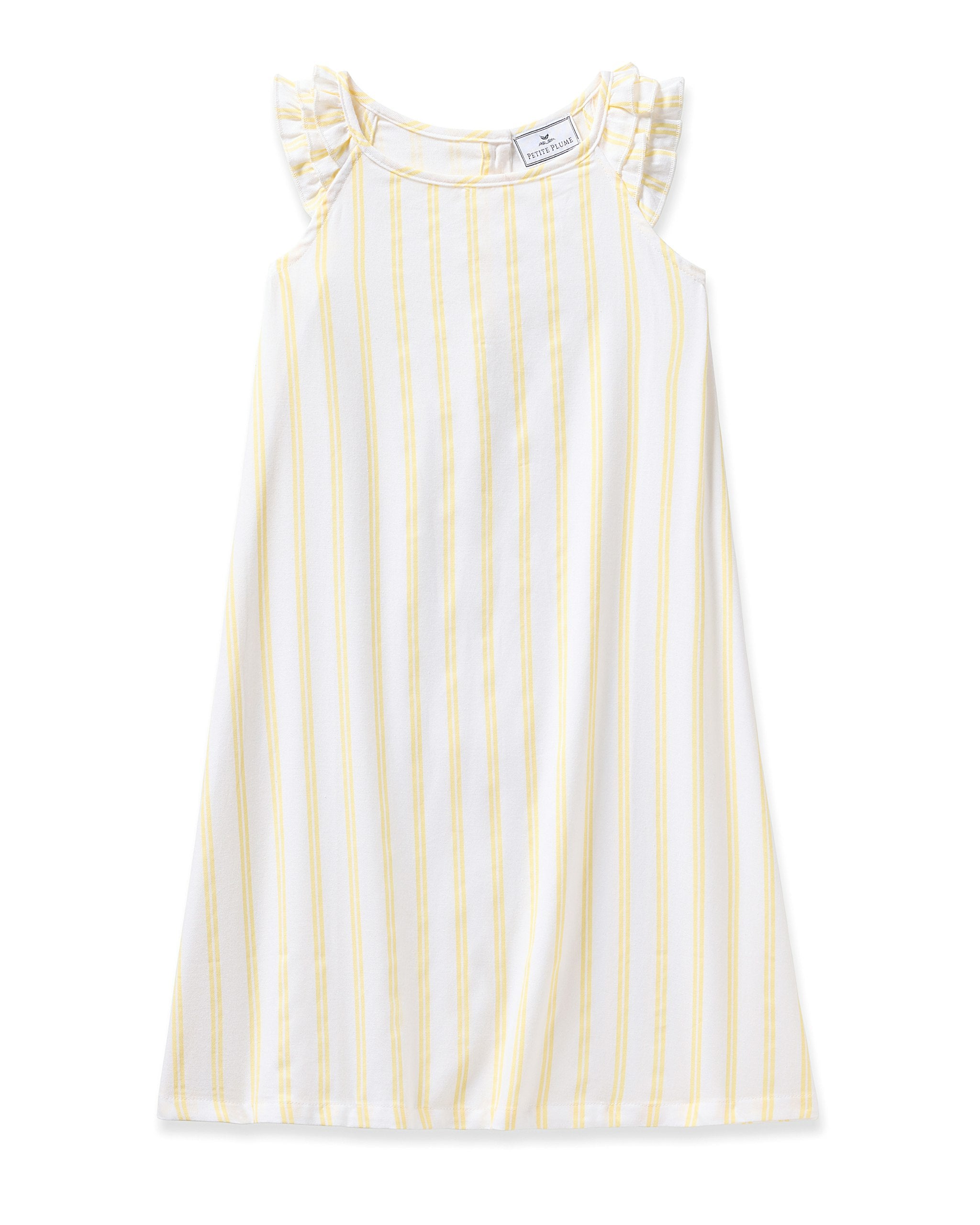 White sleeveless dress with yellow vertical stripes on a white background