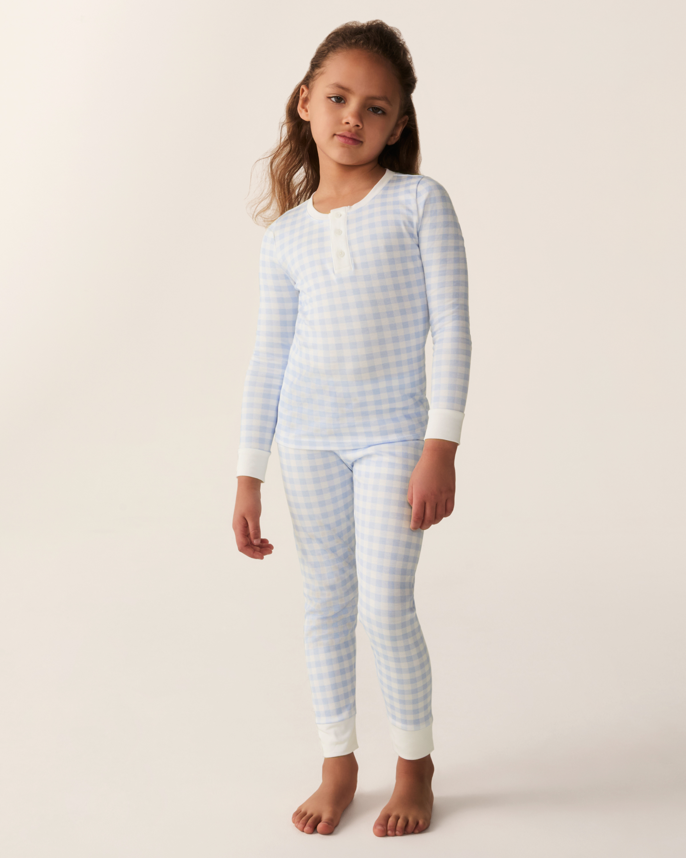 Kid's Pima Snug Fit Pajama Set in Light Blue Gingham
