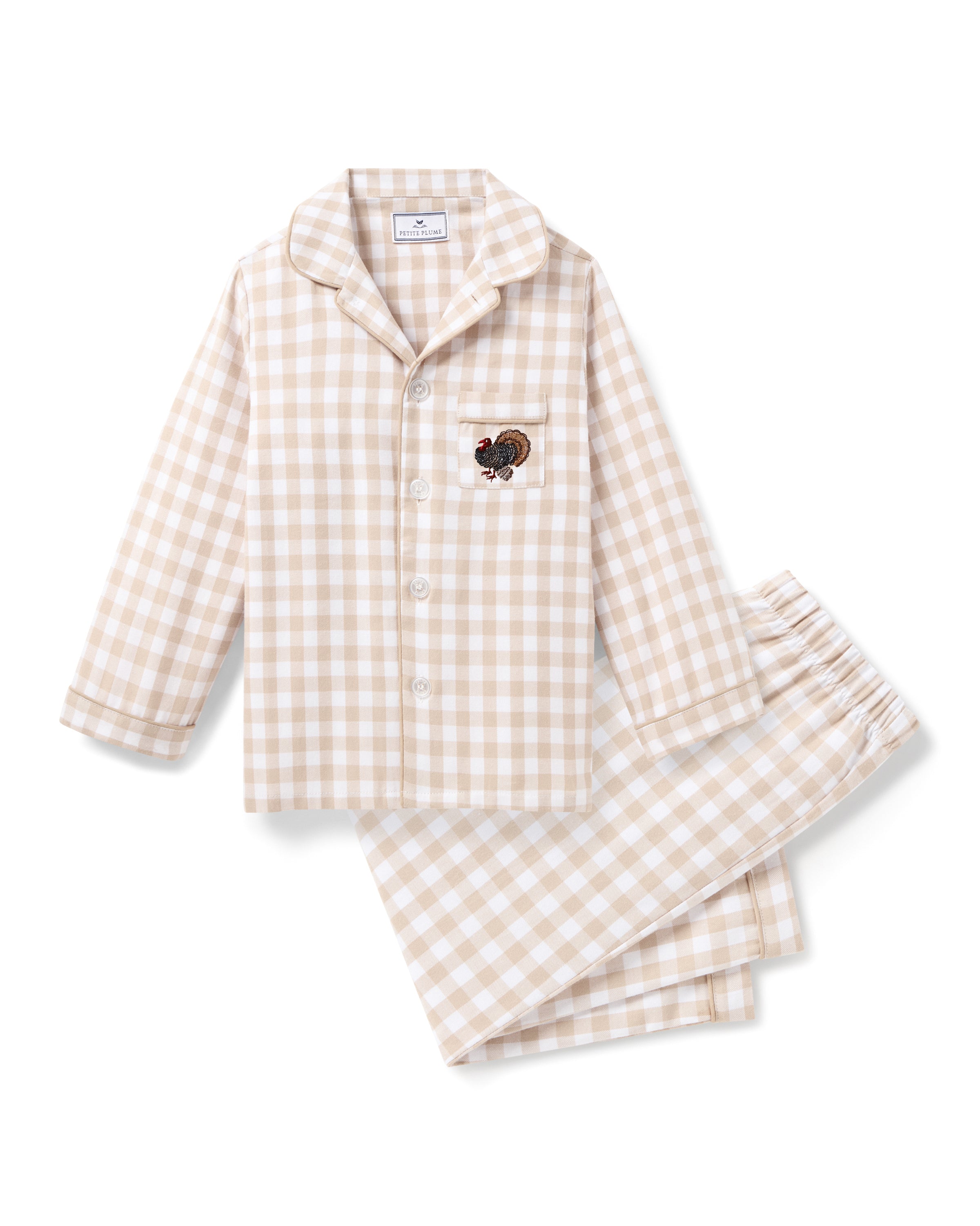 Kid's Twill Pajama Set in Camel Gingham with Turkey Embroidery