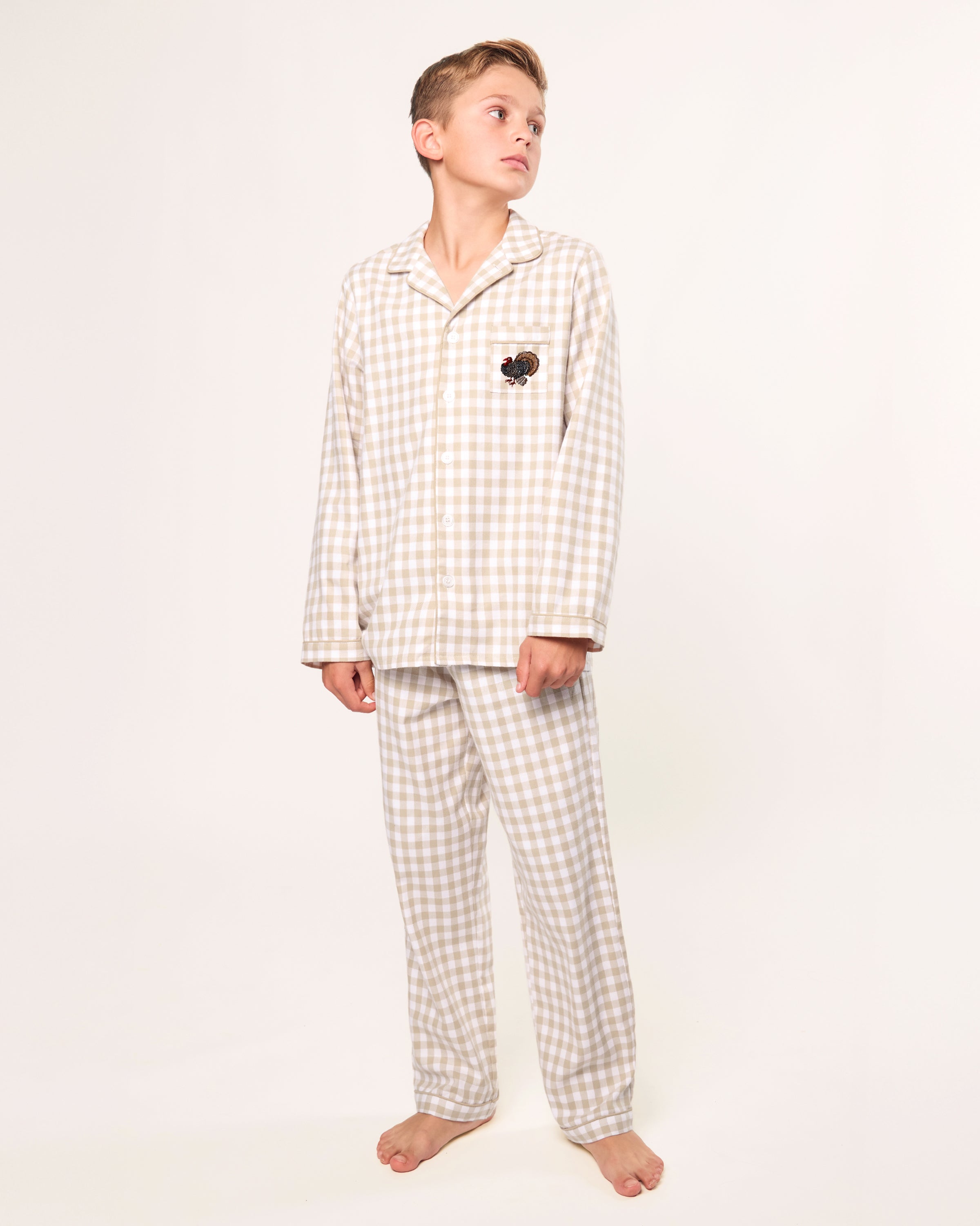 Kid's Twill Pajama Set in Camel Gingham with Turkey Embroidery