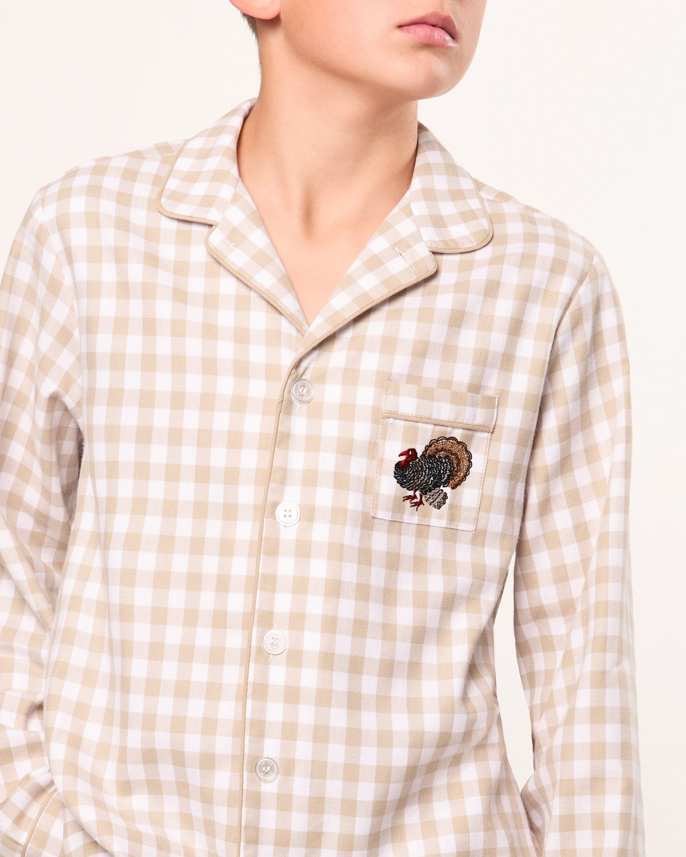 Kid's Twill Pajama Set in Camel Gingham with Turkey Embroidery