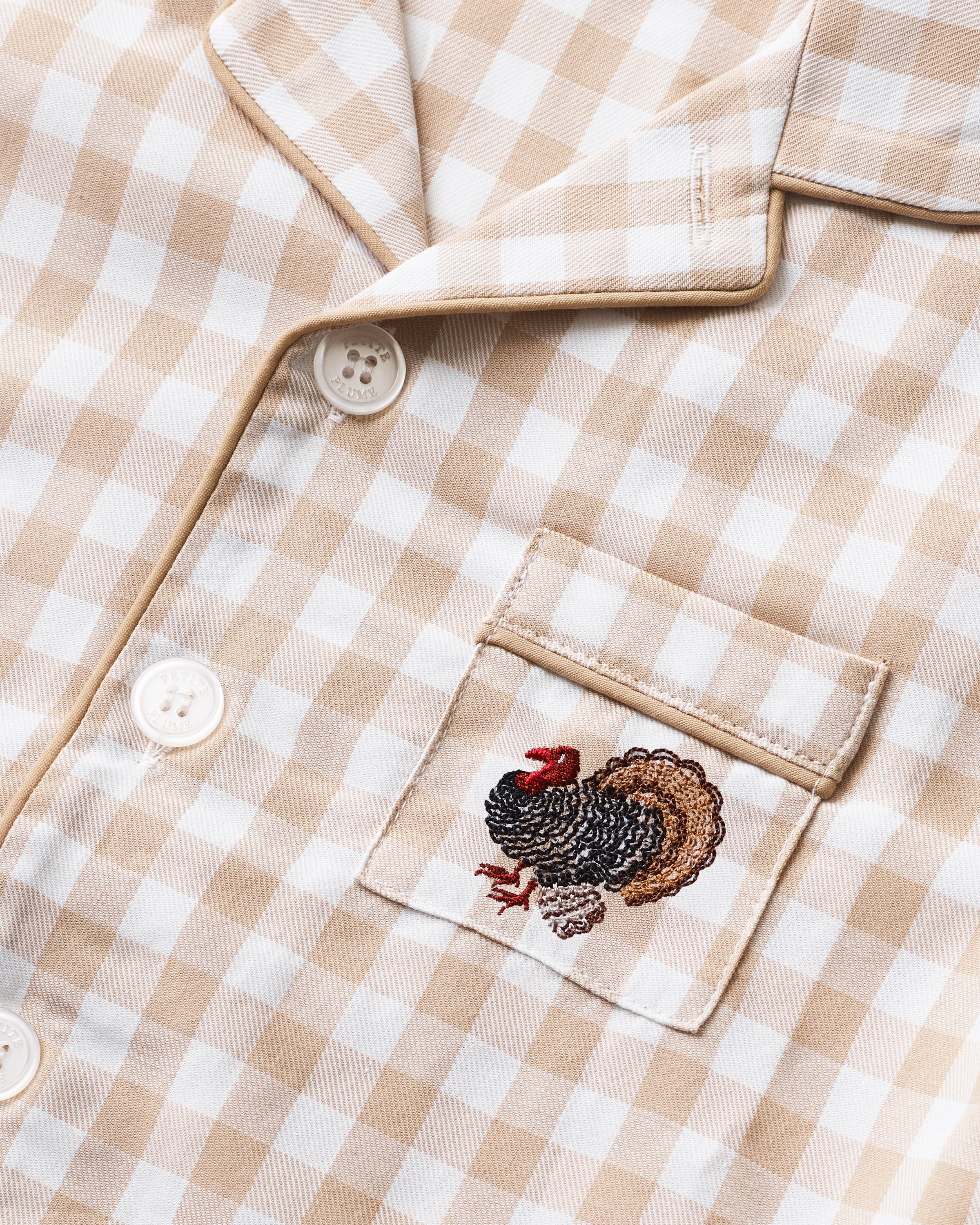 Kid's Twill Pajama Set in Camel Gingham with Turkey Embroidery