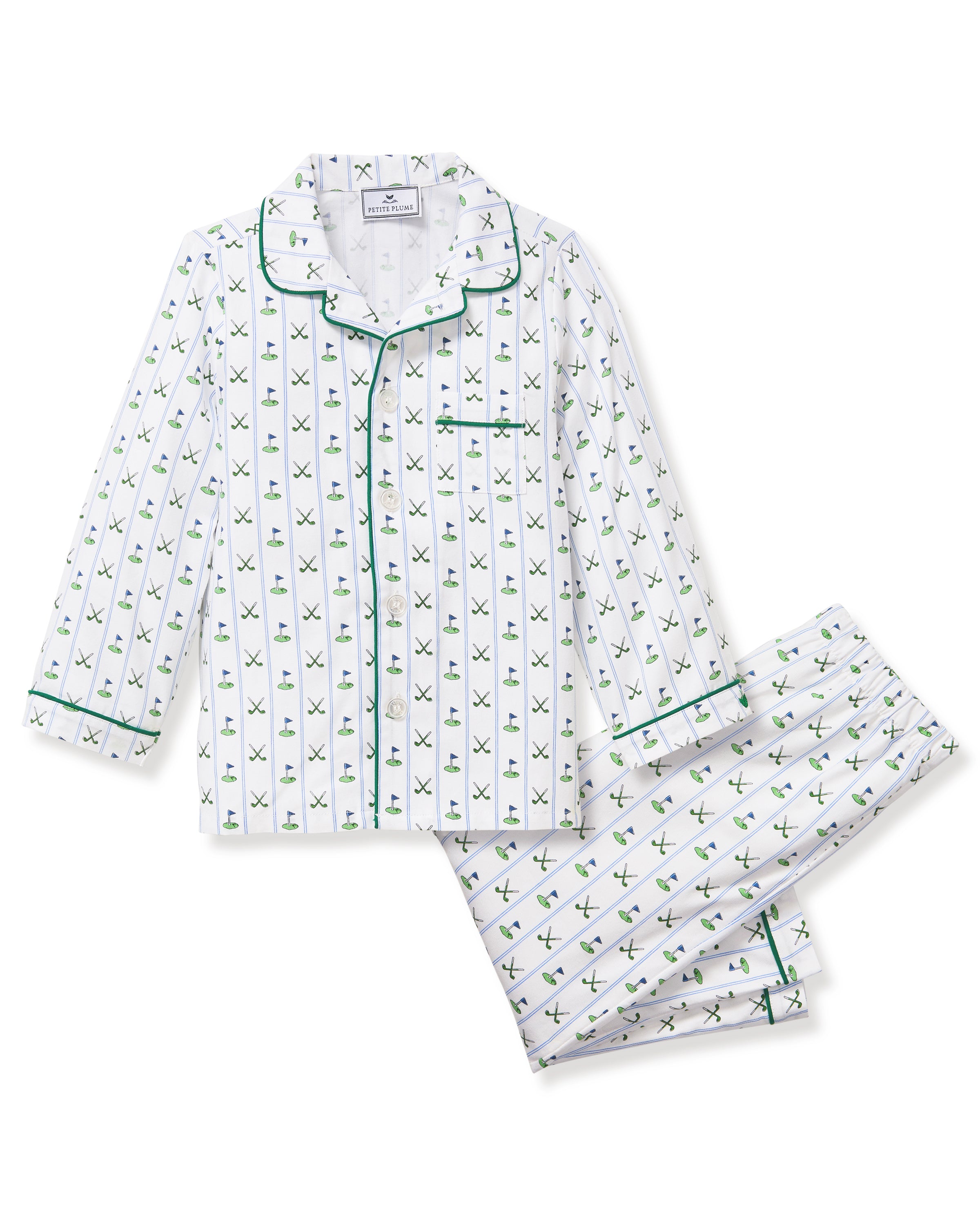 The Kid's Twill Pajama Set in Fairway Stripe features white pajamas with green piping, a tennis racket and green stripe pattern, a long-sleeve button-up top with a chest pocket, and matching long pants.