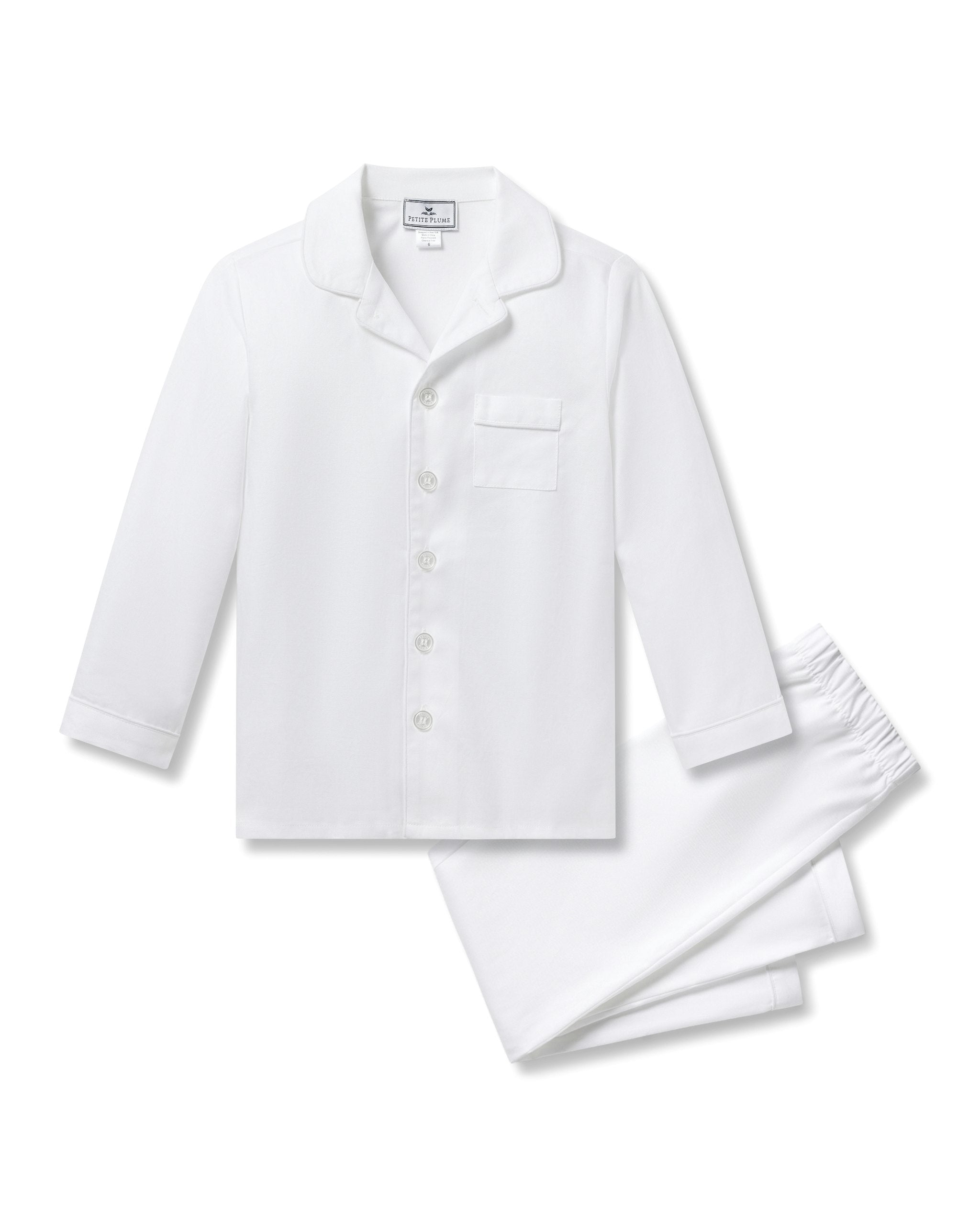 Kid's Twill Pajama Set in White with Pink Piping in White#Color_White