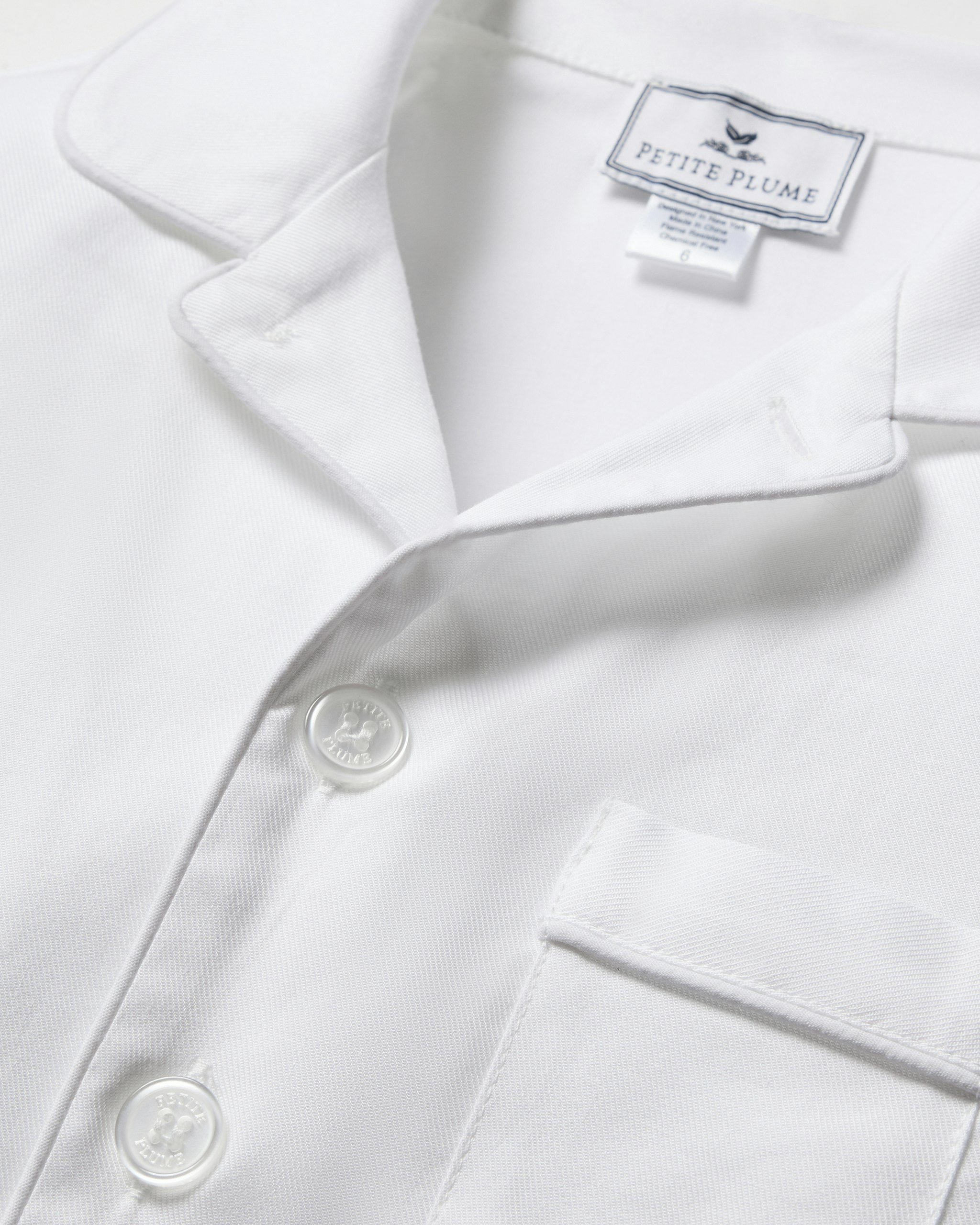 Kid's Twill White Pajama Set in White with Navy Piping in White#Color_White