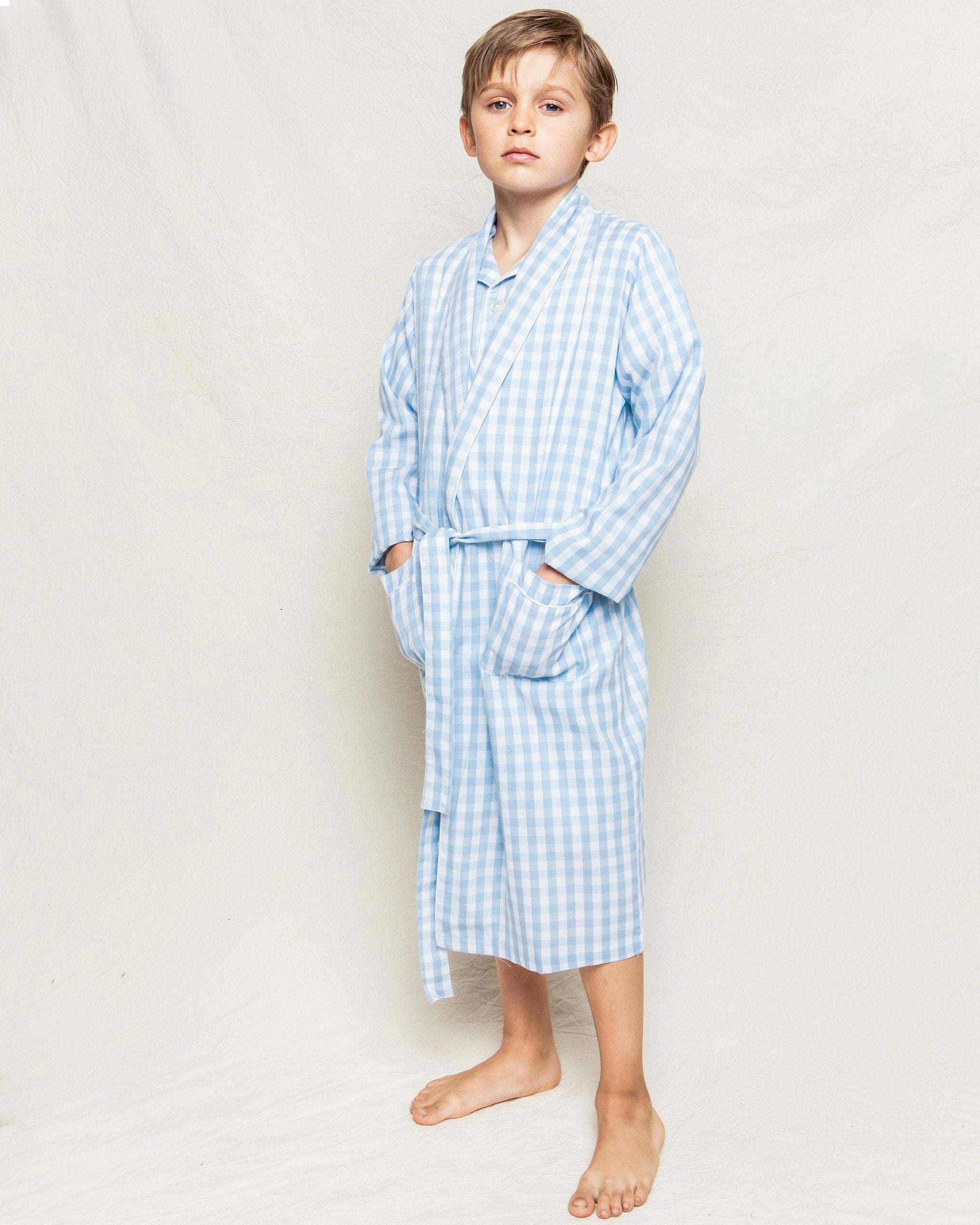Kid's Twill Robe in Navy Gingham in Light Blue Gingham#Color_Light Blue Gingham