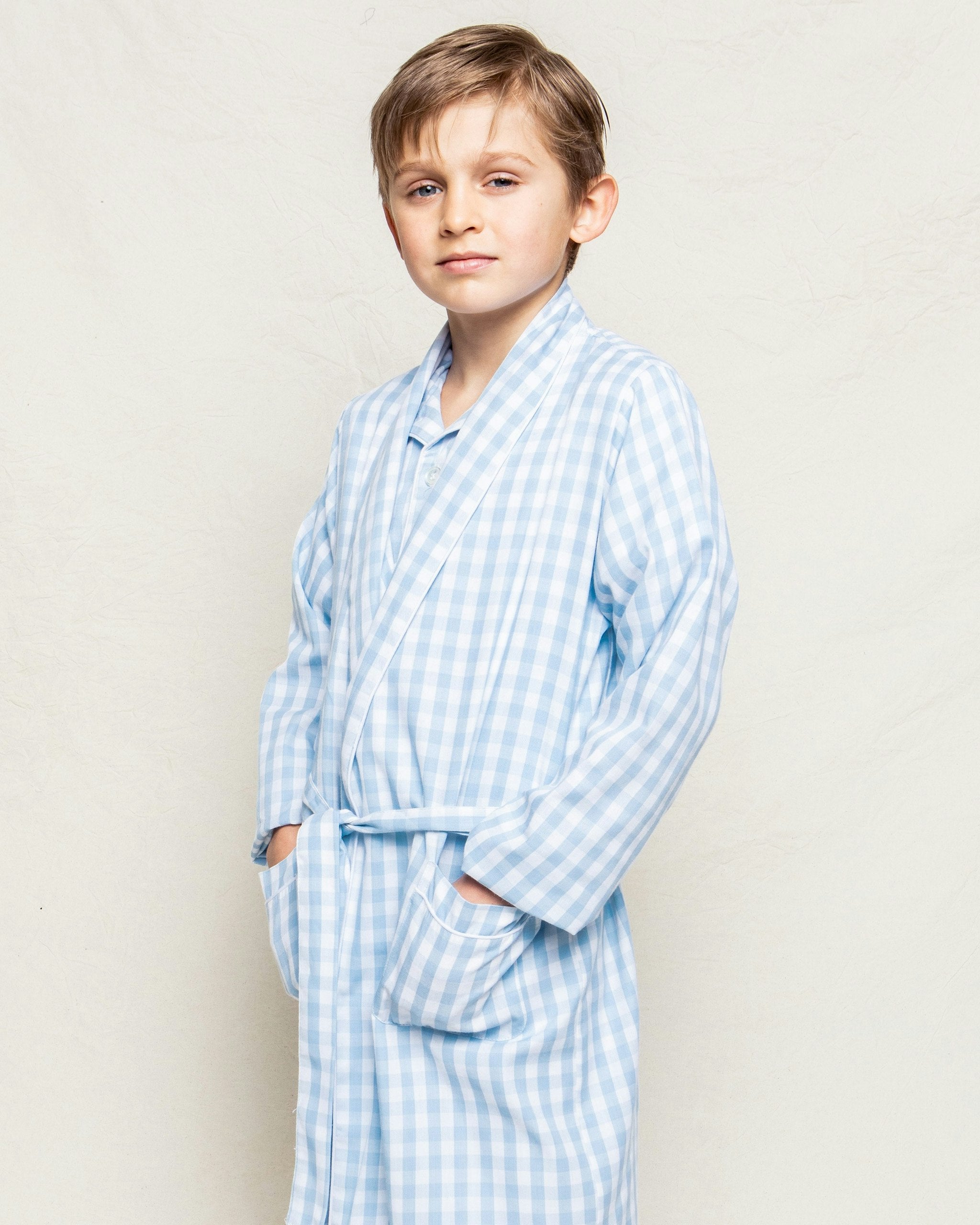 Kid's Twill Robe in Navy Gingham in Light Blue Gingham#Color_Light Blue Gingham