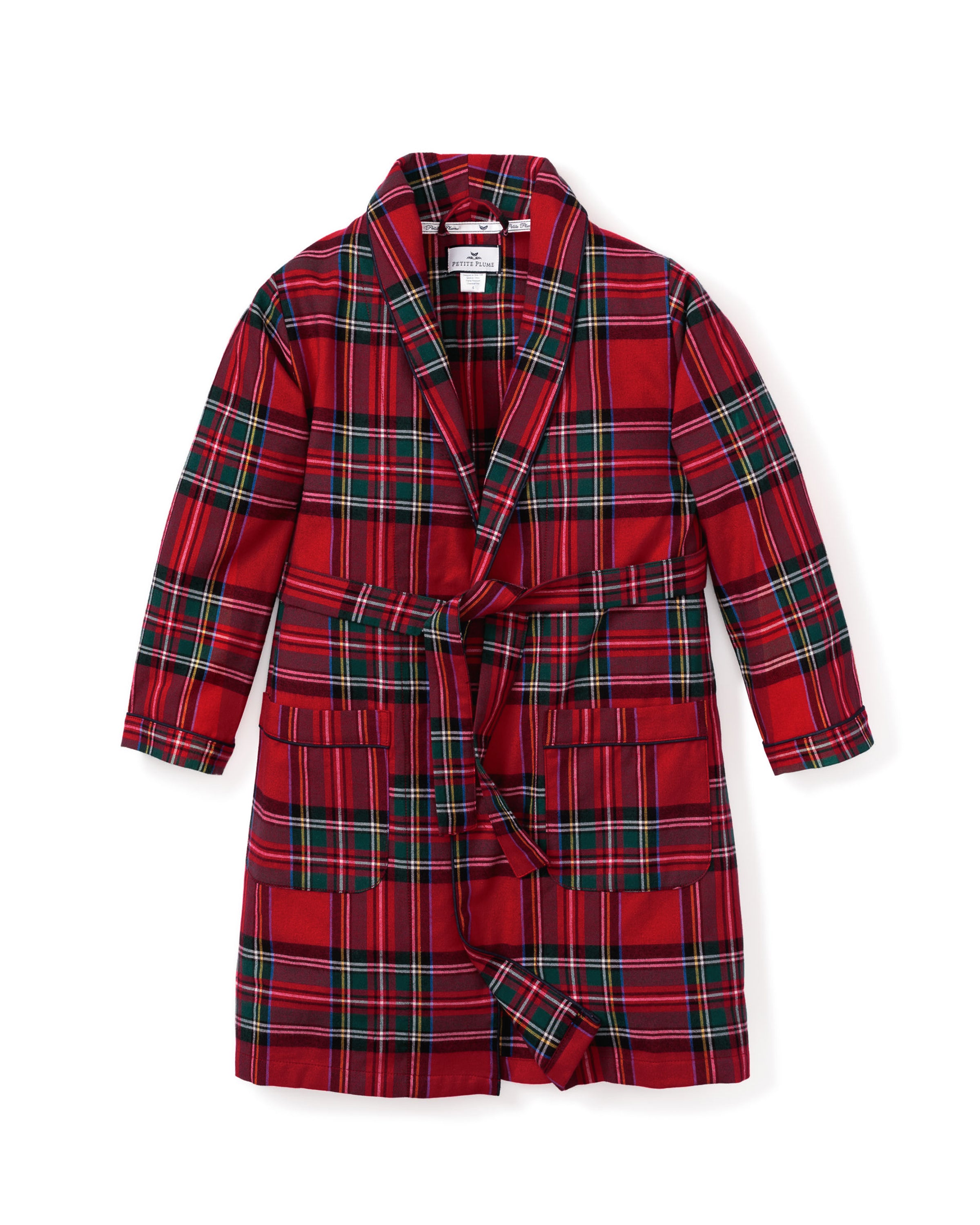 Kid's Brushed Twill Robe in Imperial Tartan features a red plaid with green, white, and yellow lines, long sleeves, shawl collar, two front pockets, and a matching belt. Displayed flat on a white background.