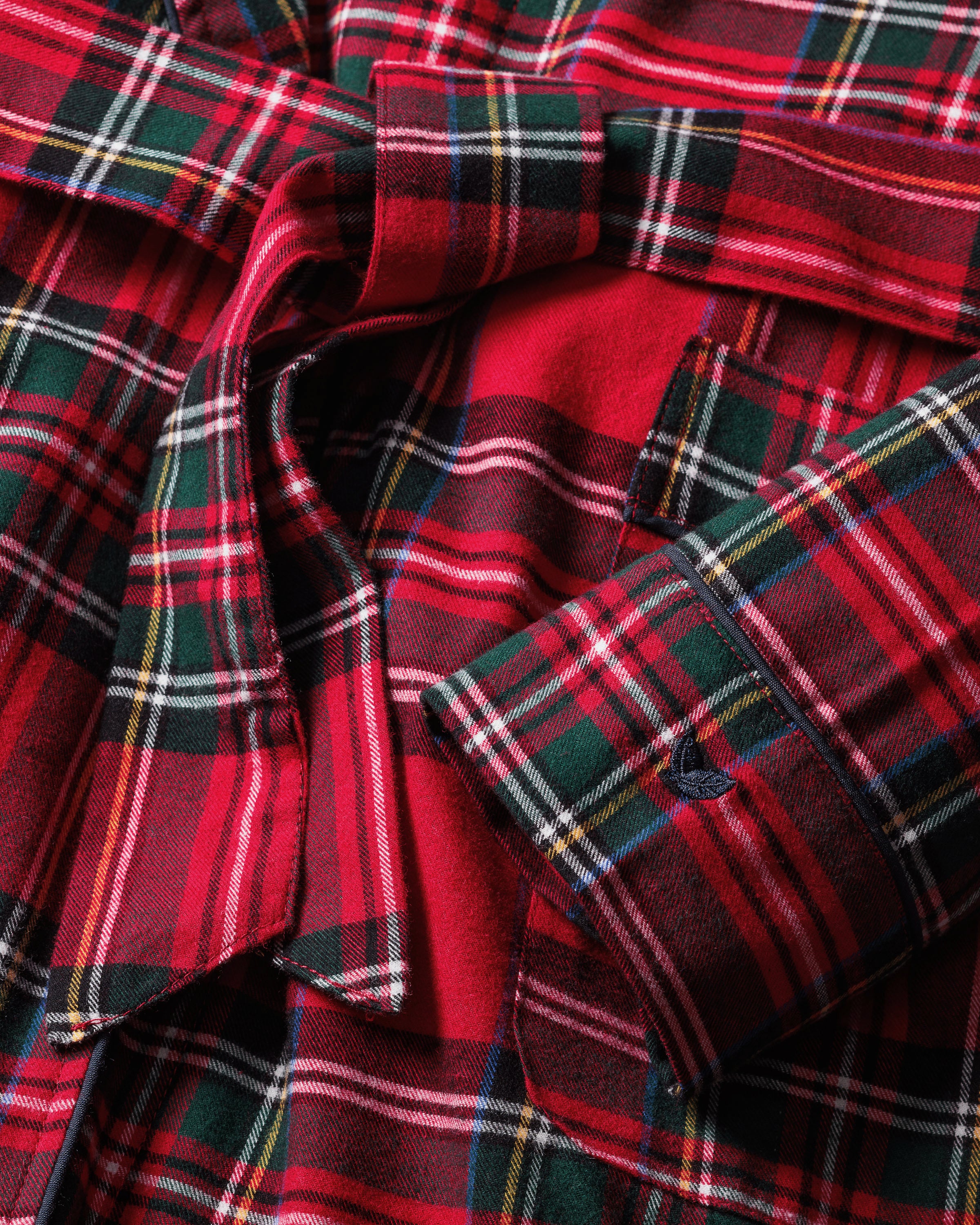 Kid's Brushed Twill Robe in Imperial Tartan features a red plaid with green, white, and yellow lines, long sleeves, shawl collar, two front pockets, and a matching belt. Displayed flat on a white background.