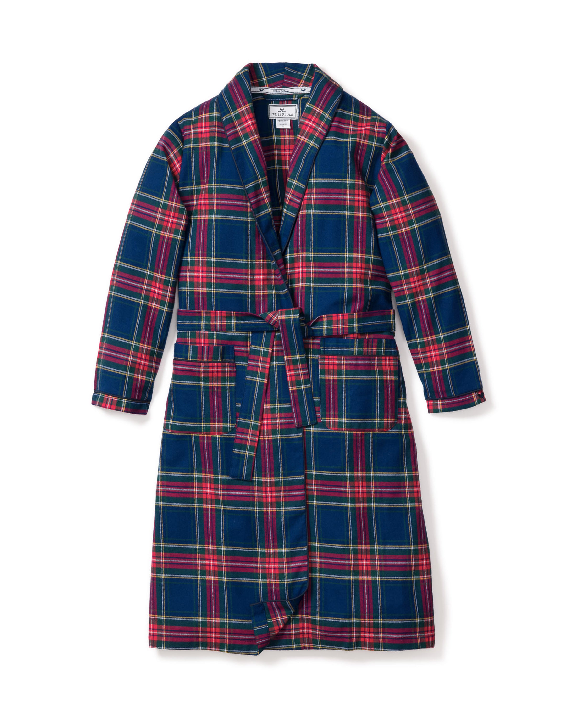 The Kid's Brushed Twill Robe in Windsor Tartan is a knee-length, long-sleeved robe with a classic plaid pattern, shawl collar, two front pockets, and a matching fabric belt.