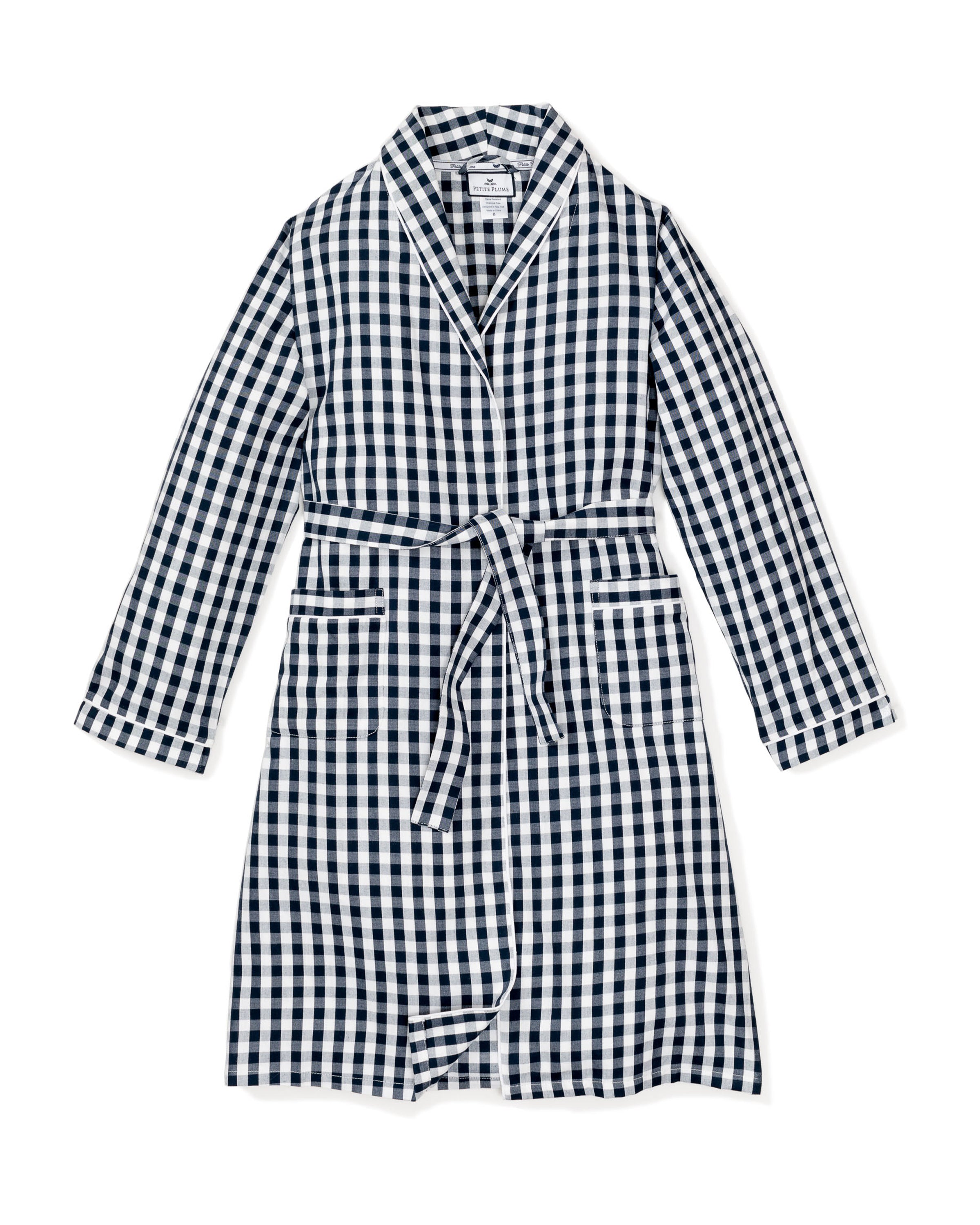 The Petite Plume Kids Twill Robe in Navy Gingham is a charming childrens sleepwear piece with long sleeves and a belt, made from flame-retardant fabric for both safety and style during bedtime.