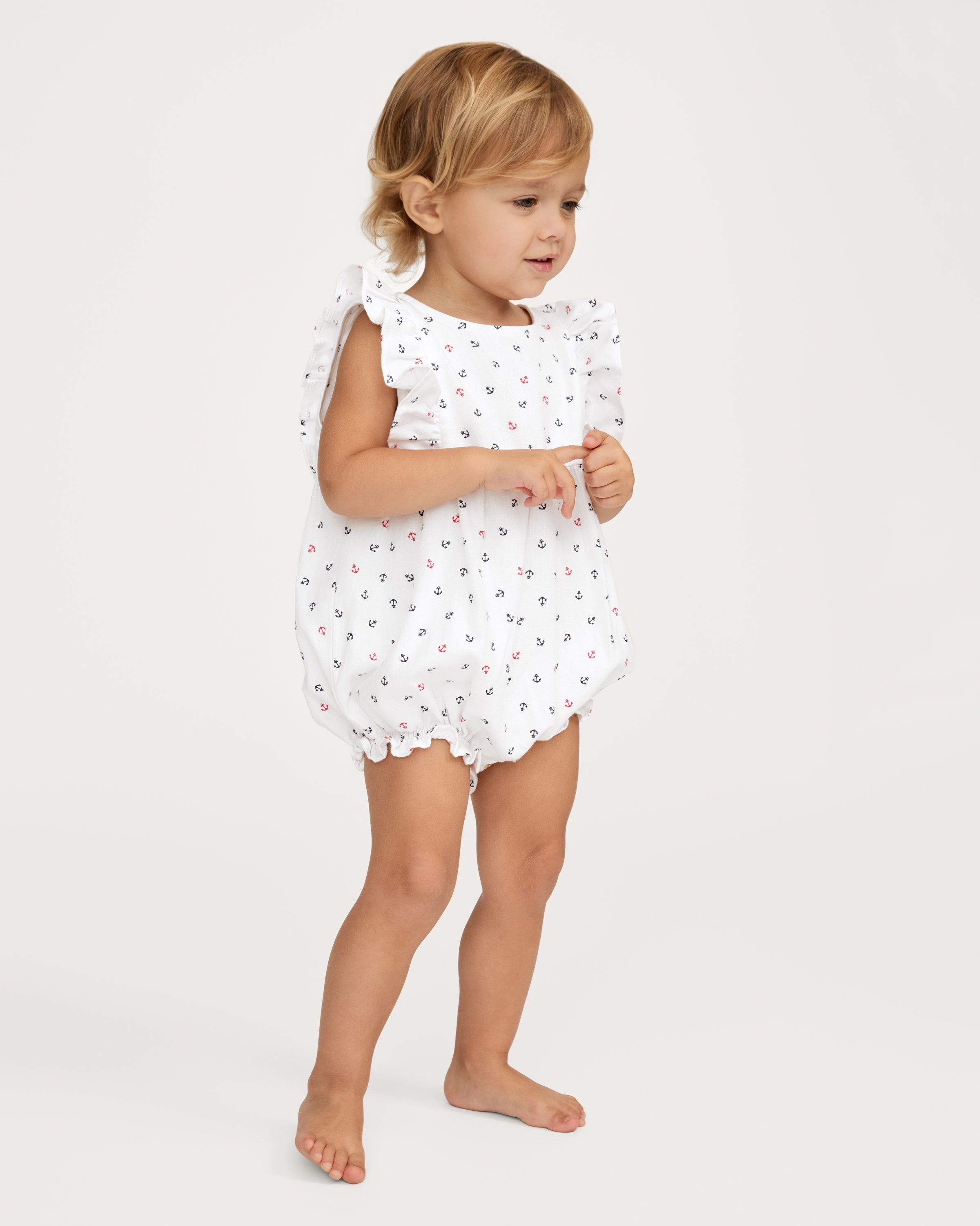 Baby's Twill Ruffled Romper in Anchors Away White