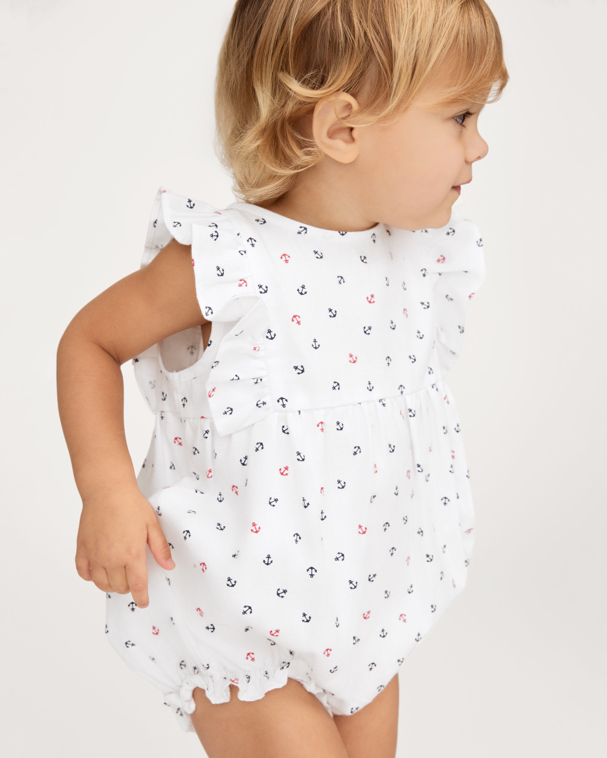 Baby's Twill Ruffled Romper in Anchors Away White