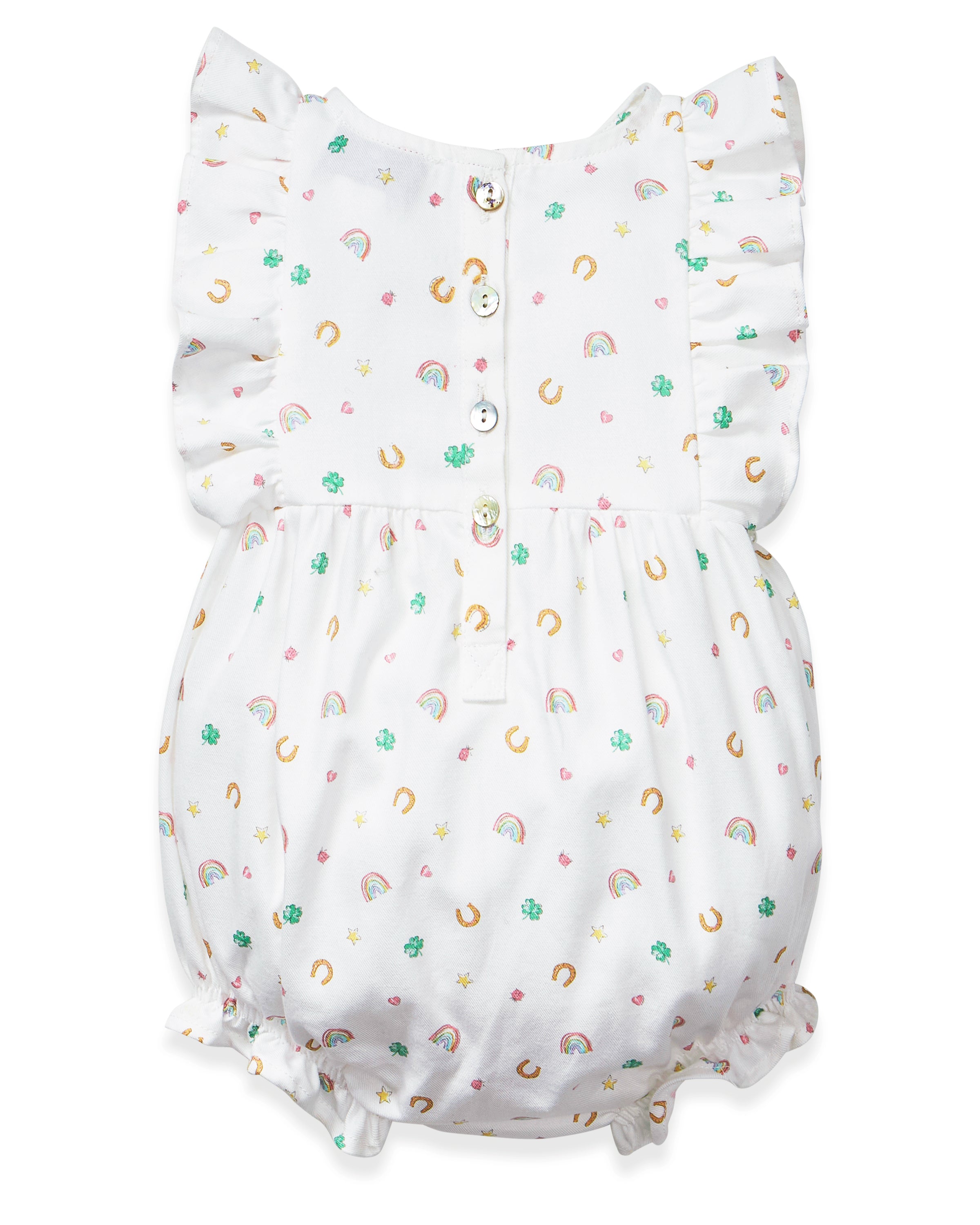 Baby's Twill Ruffled Romper in Good Luck Charms features small colorful prints of rainbows, horseshoes, clovers, and stars, ruffled sleeves, elastic leg openings, and a tag at the neckline.