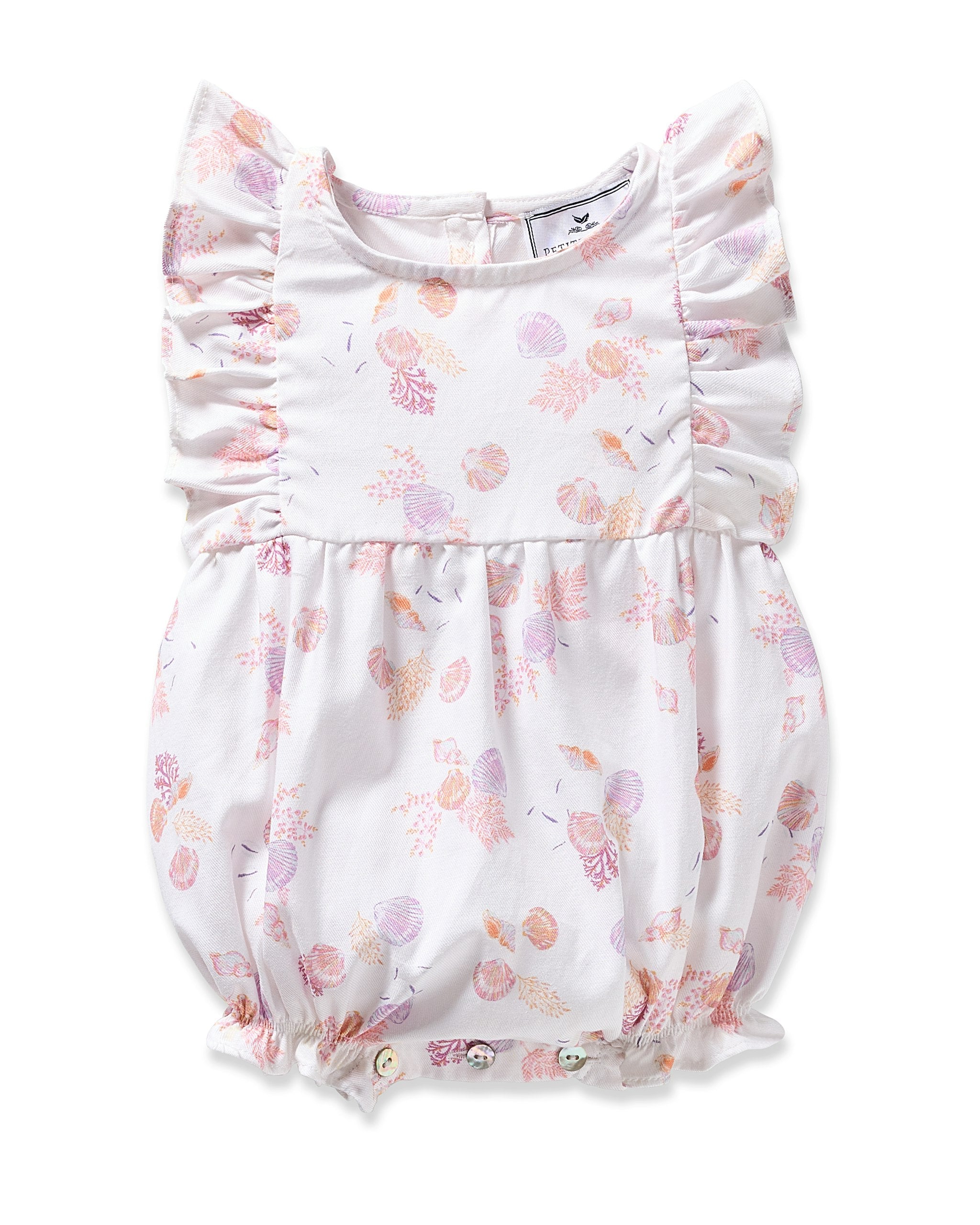 Baby's Twill Ruffled Romper in Flamingos in Seashell Splendor#Color_Seashell Splendor