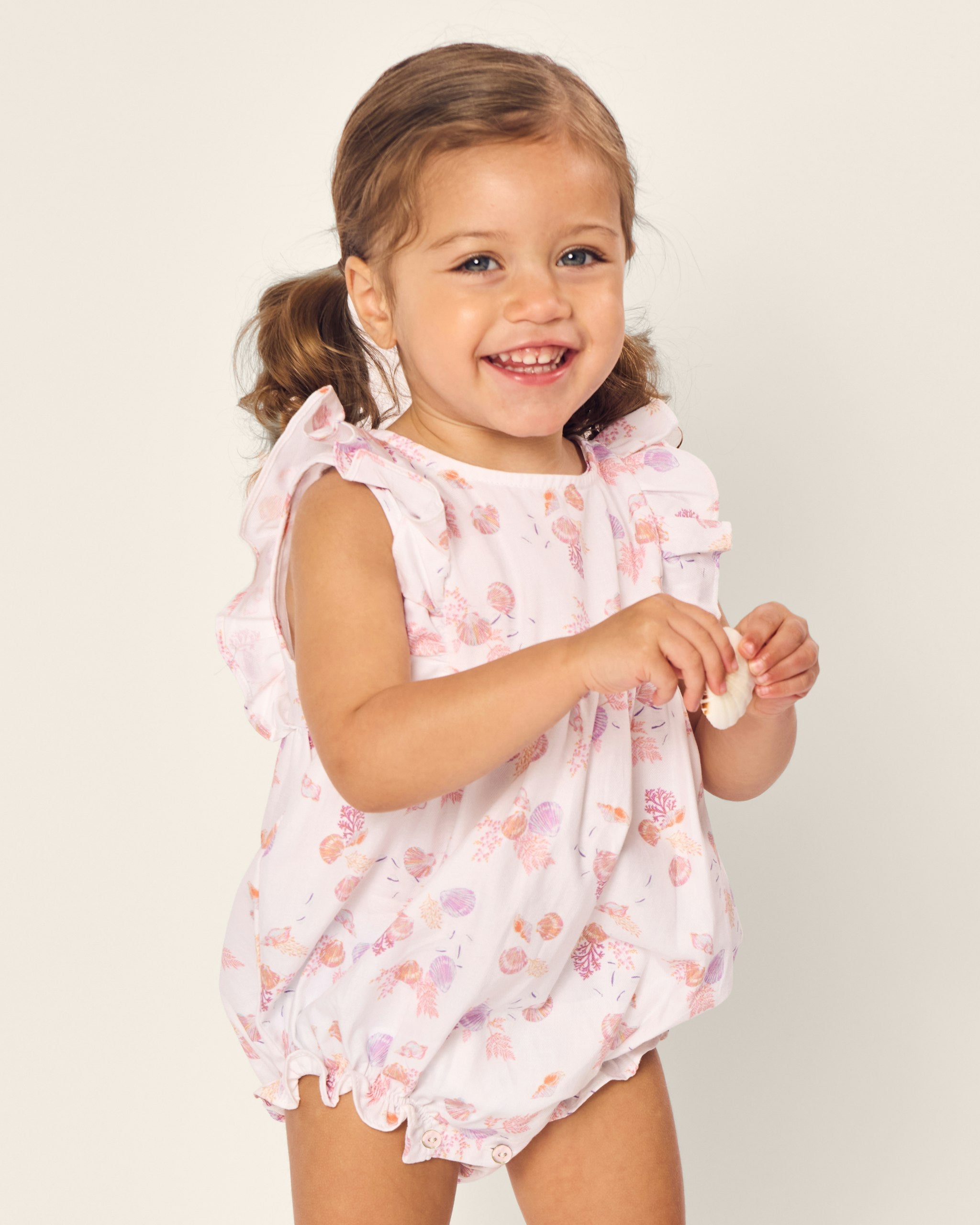 Baby's Twill Ruffled Romper in Flamingos in Seashell Splendor#Color_Seashell Splendor