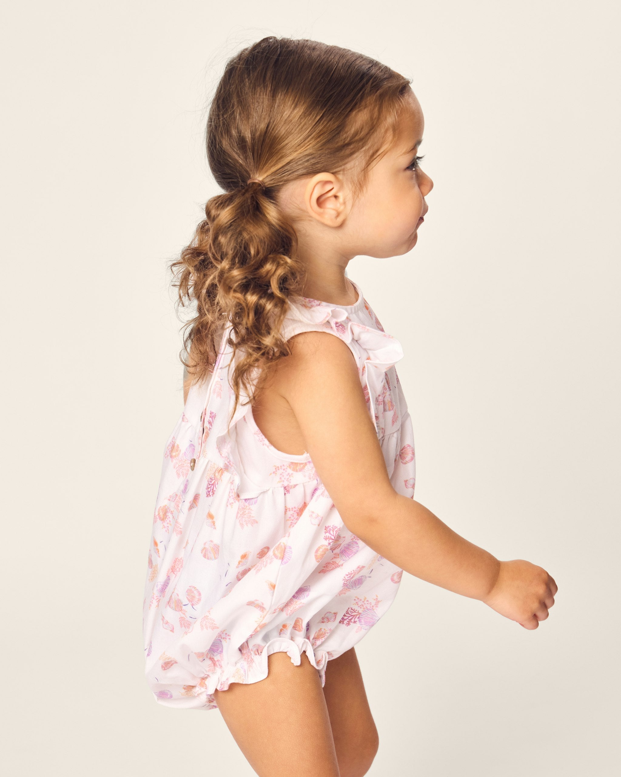Baby's Twill Ruffled Romper in Flamingos in Seashell Splendor#Color_Seashell Splendor