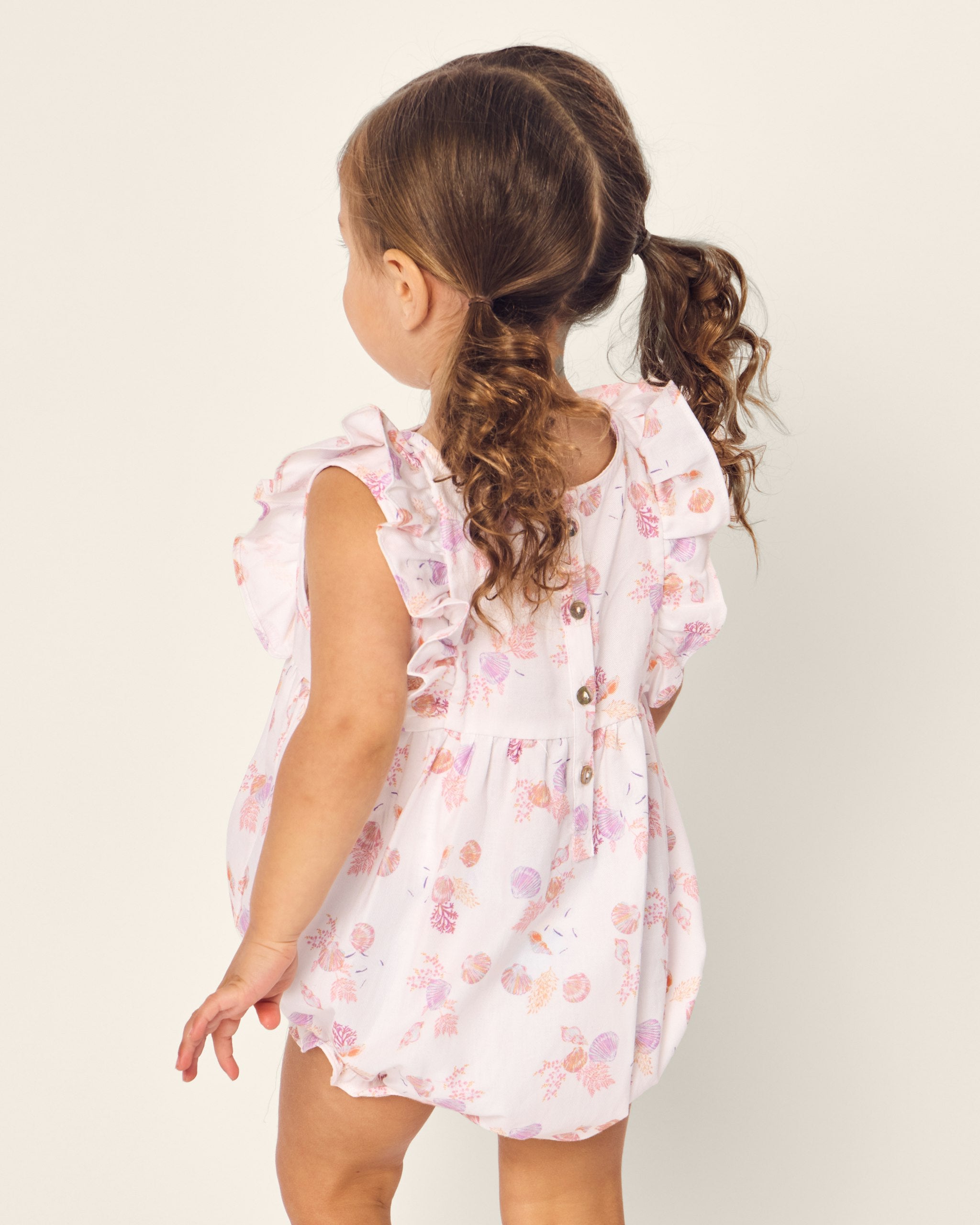 Baby's Twill Ruffled Romper in Flamingos in Seashell Splendor#Color_Seashell Splendor